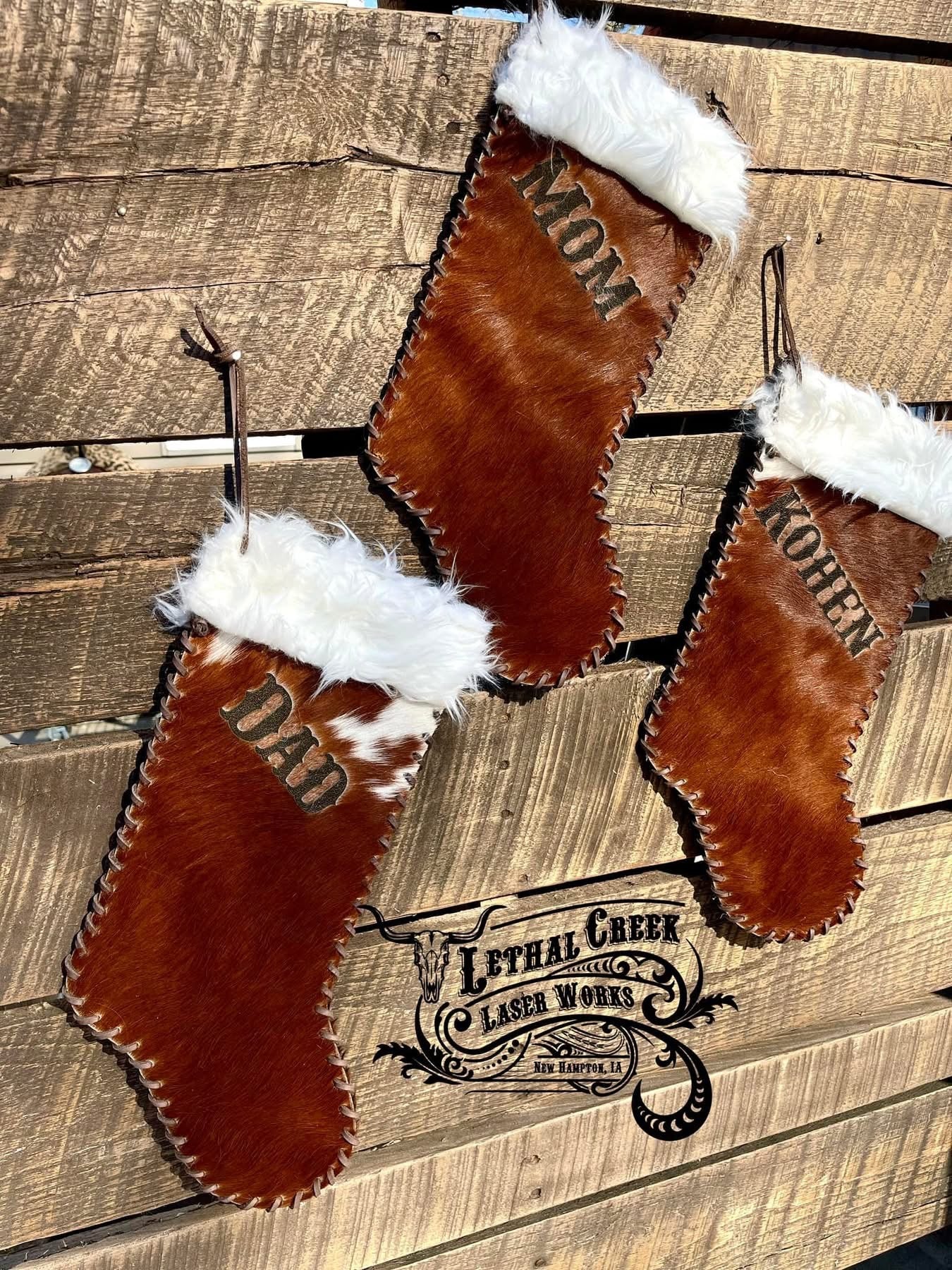 Christmas Cowhide Stockings - CUSTOM LASER BRANDED -  custom laser engraved cowhide and leather western decor by Lethal Creek Laser Works LLC