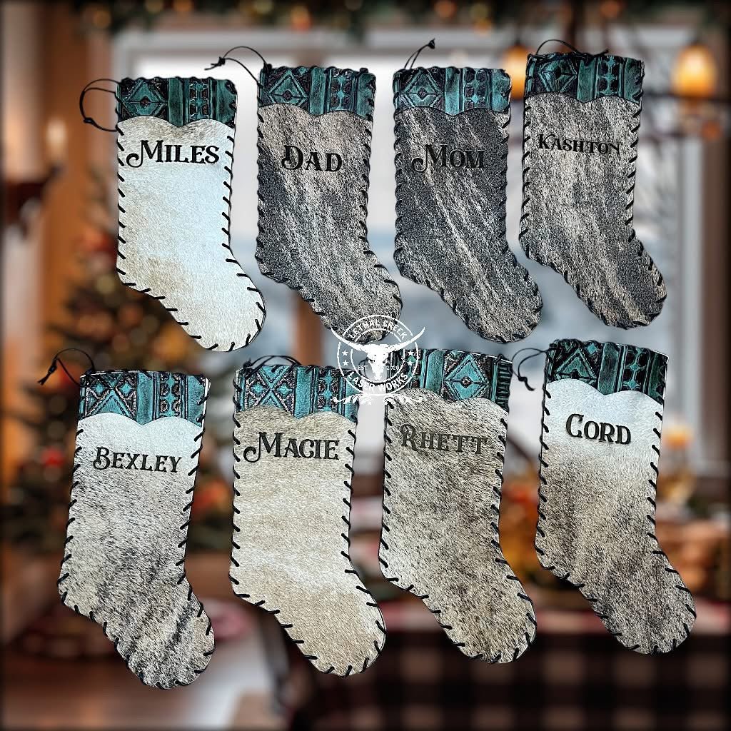 Christmas Cowhide Stockings - CUSTOM LASER BRANDED -  custom laser engraved cowhide and leather western decor by Lethal Creek Laser Works LLC