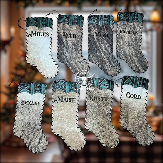 Christmas Cowhide Stockings - CUSTOM LASER BRANDED -  custom laser engraved cowhide and leather western decor by Lethal Creek Laser Works LLC
