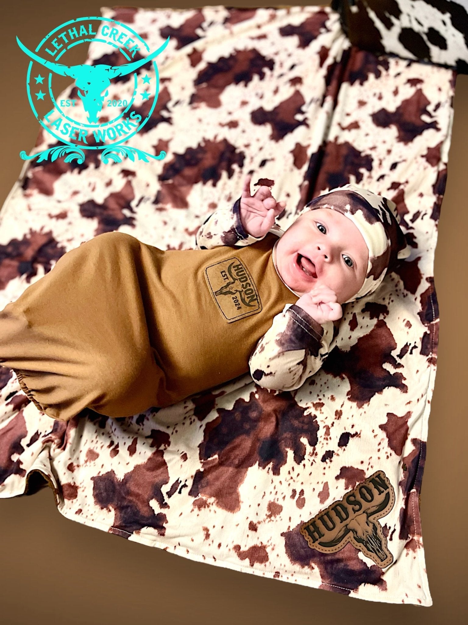 Cowboy Baby Set -  custom laser engraved cowhide and leather western decor by Lethal Creek Laser Works LLC