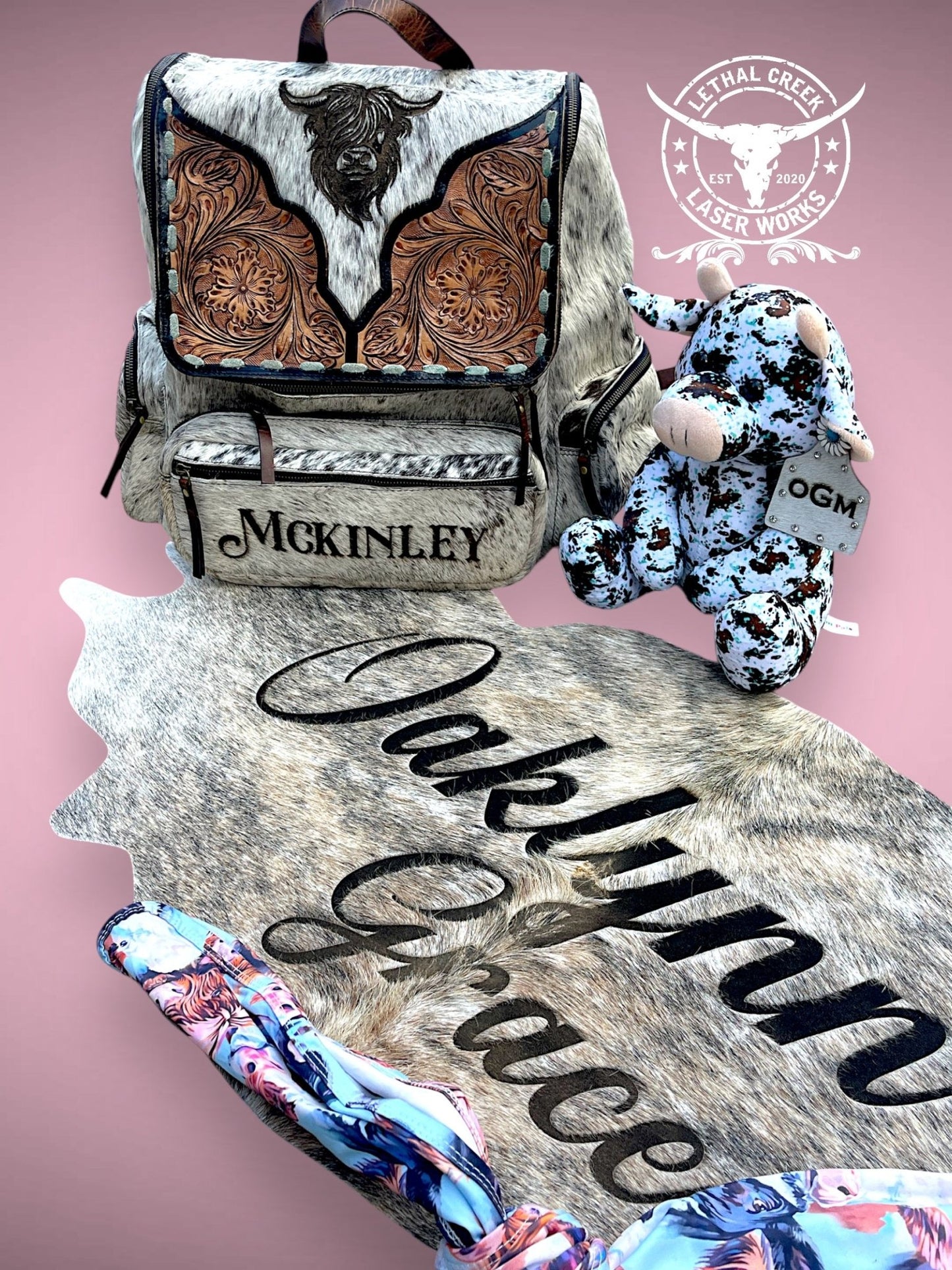 Cowgirl Baby Bundle Set -  custom laser engraved cowhide and leather western decor by Lethal Creek Laser Works LLC
