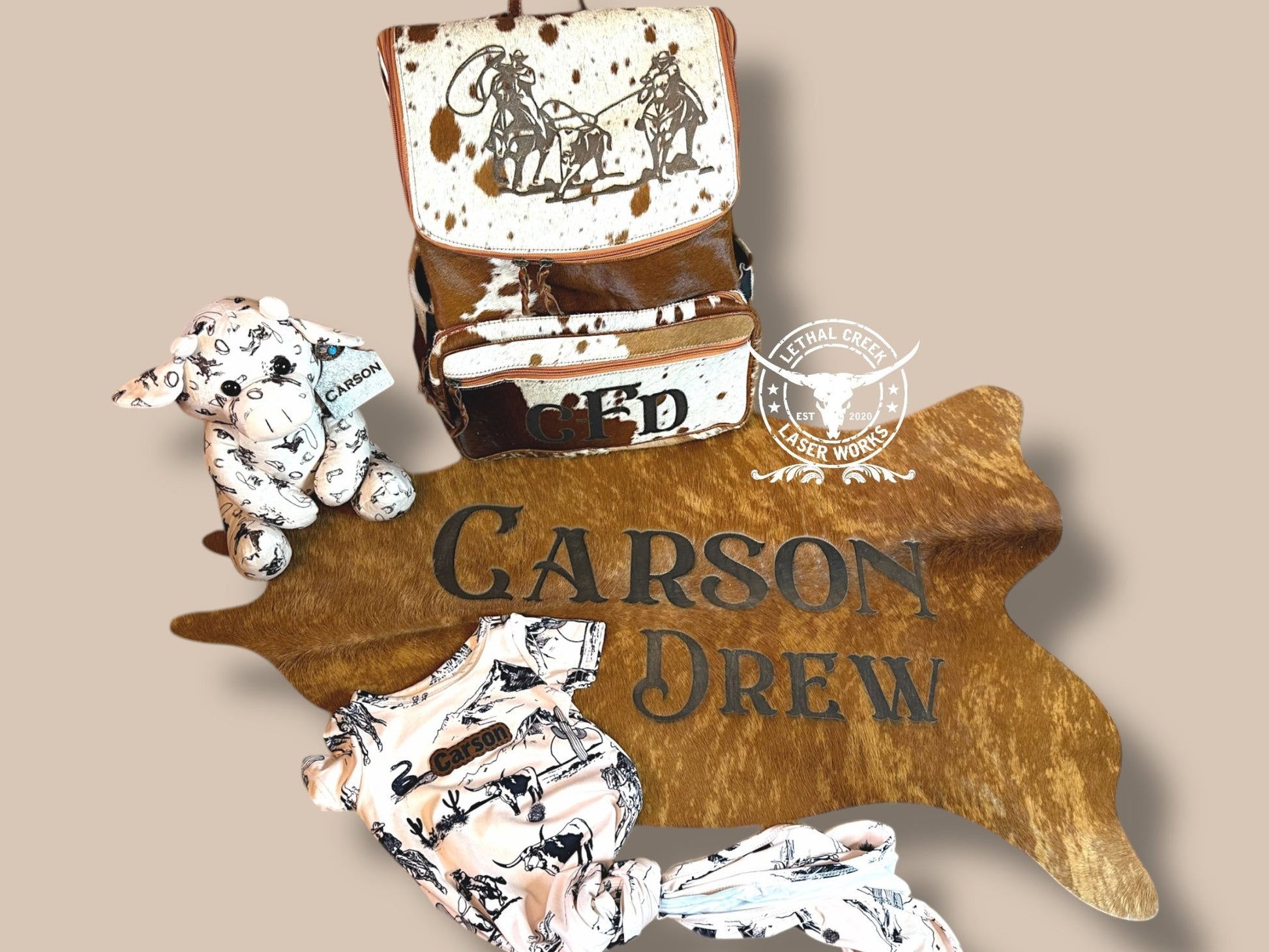 Cowgirl Baby Bundle Set -  custom laser engraved cowhide and leather western decor by Lethal Creek Laser Works LLC