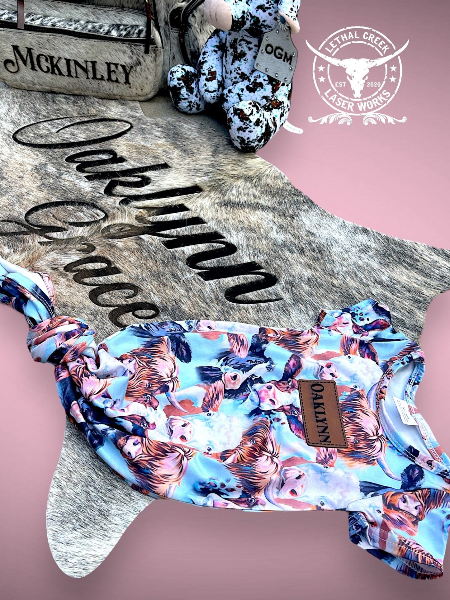 Cowgirl Baby Bundle Set -  custom laser engraved cowhide and leather western decor by Lethal Creek Laser Works LLC