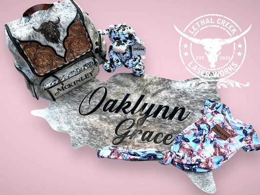 Cowgirl Baby Bundle Set -  custom laser engraved cowhide and leather western decor by Lethal Creek Laser Works LLC