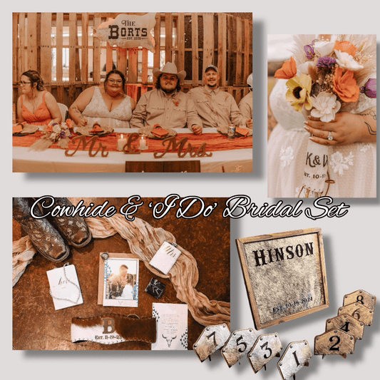 Cowhide and “I Do” Bridal Set -  custom laser engraved cowhide and leather western decor by Lethal Creek Laser Works LLC
