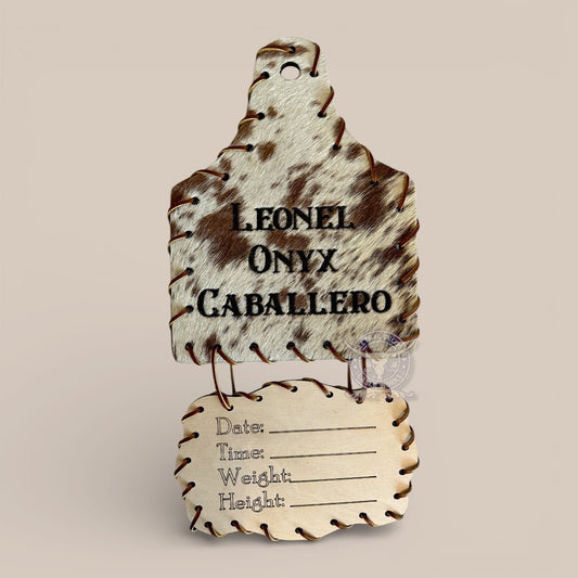 Cowhide Announcement Tag -  custom laser engraved cowhide and leather western decor by Lethal Creek Laser Works LLC