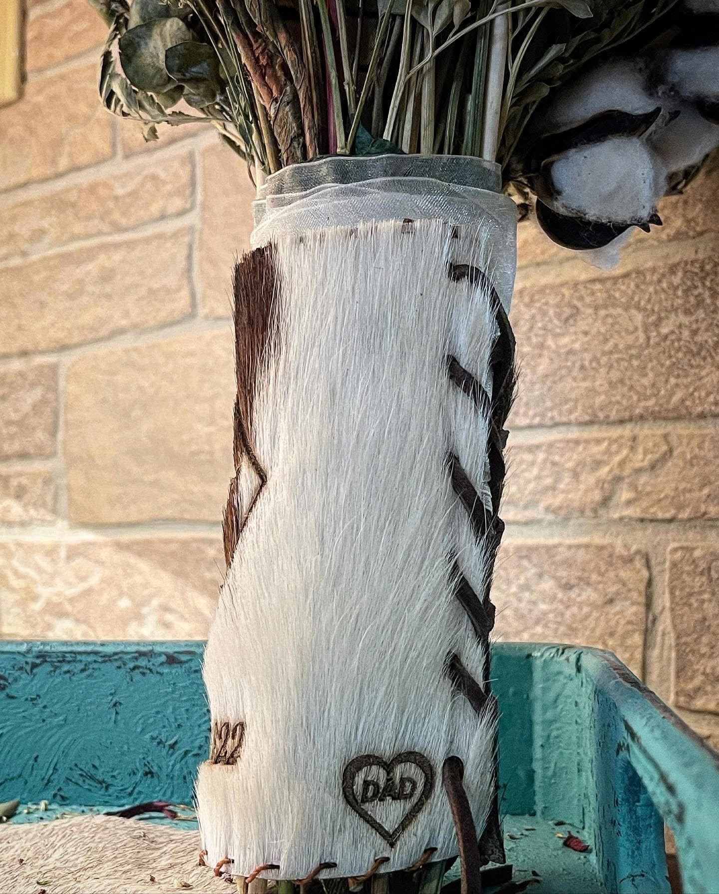 COWHIDE BOUQUET WRAPS -  custom laser engraved cowhide and leather western decor by Lethal Creek Laser Works LLC