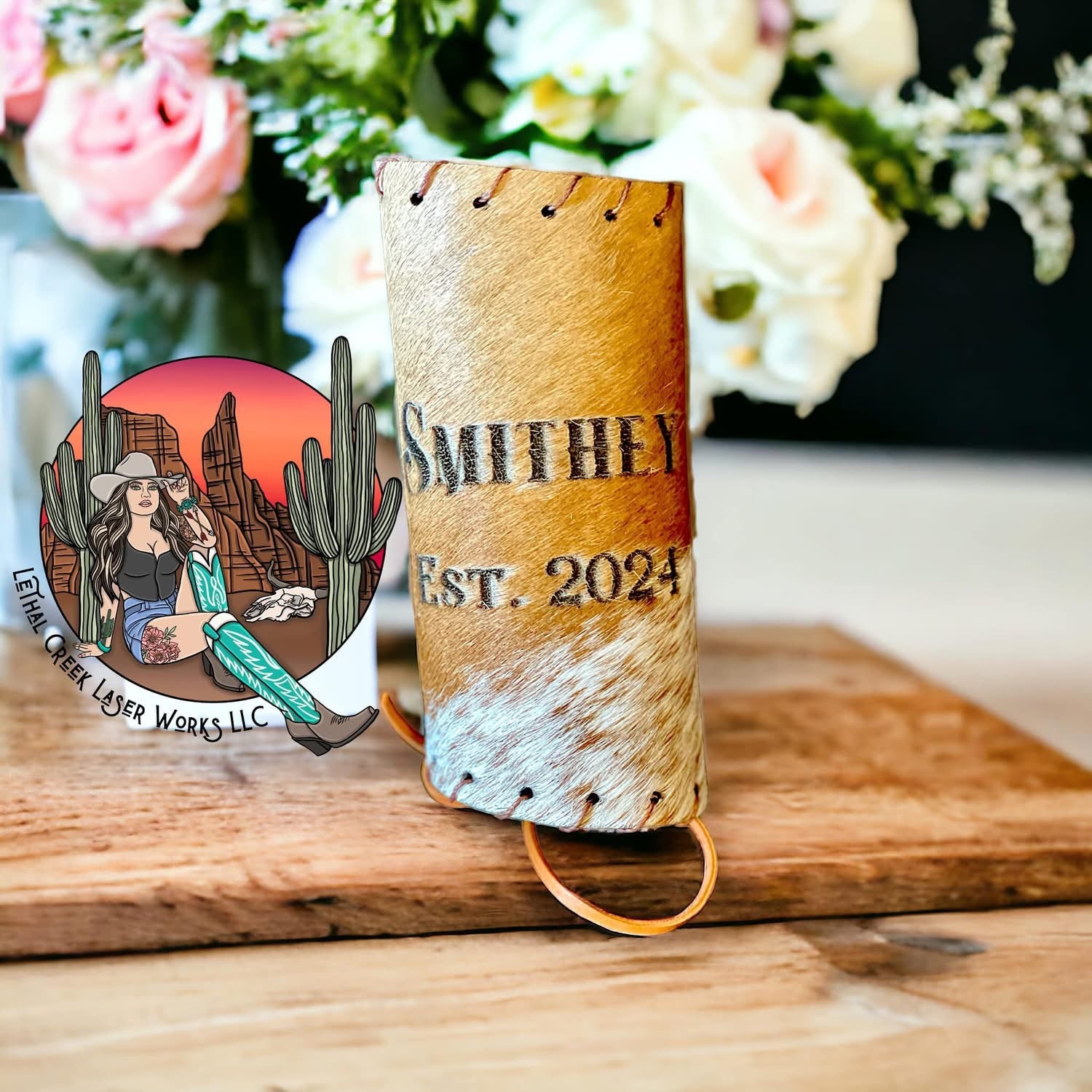 COWHIDE BOUQUET WRAPS -  custom laser engraved cowhide and leather western decor by Lethal Creek Laser Works LLC