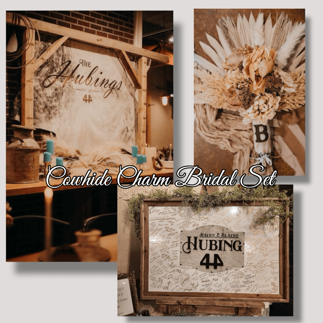 Cowhide Charm Bridal Set -  custom laser engraved cowhide and leather western decor by Lethal Creek Laser Works LLC