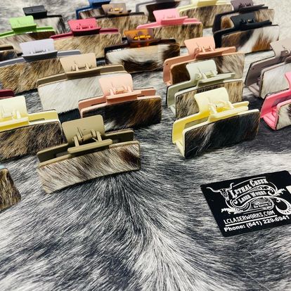 Cowhide Claw Clips -  custom laser engraved cowhide and leather western decor by Lethal Creek Laser Works LLC