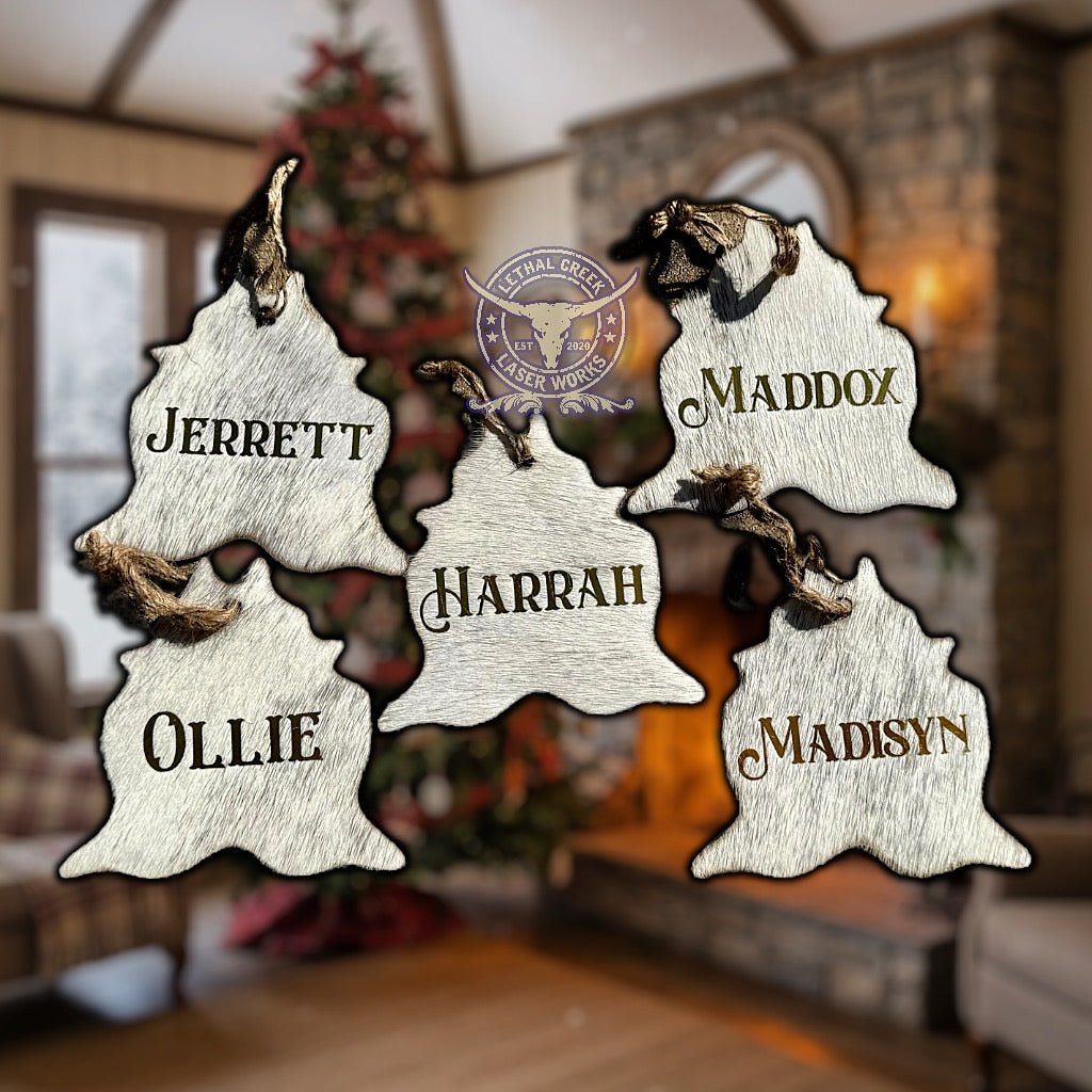 COWHIDE ORNAMENTS -  custom laser engraved cowhide and leather western decor by Lethal Creek Laser Works LLC