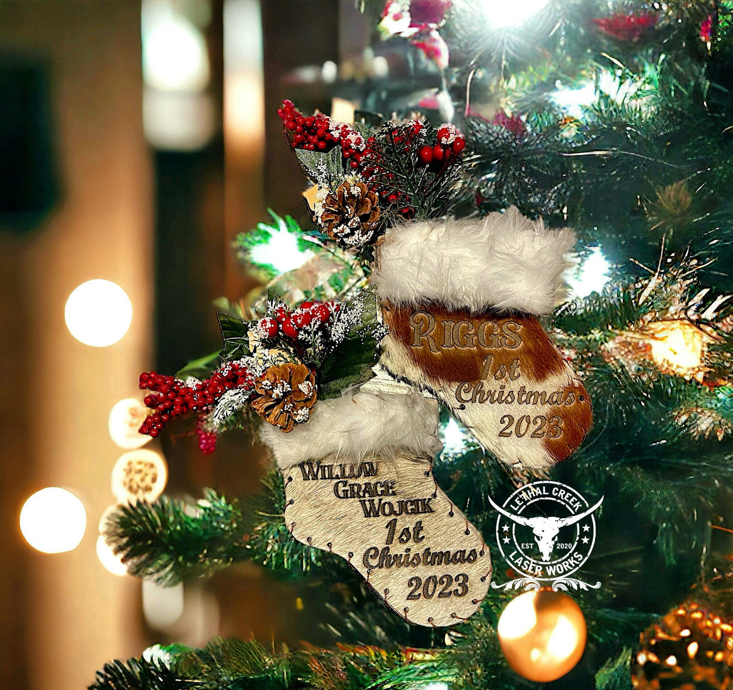 Cowhide Stocking Ornaments -  custom laser engraved cowhide and leather western decor by Lethal Creek Laser Works LLC