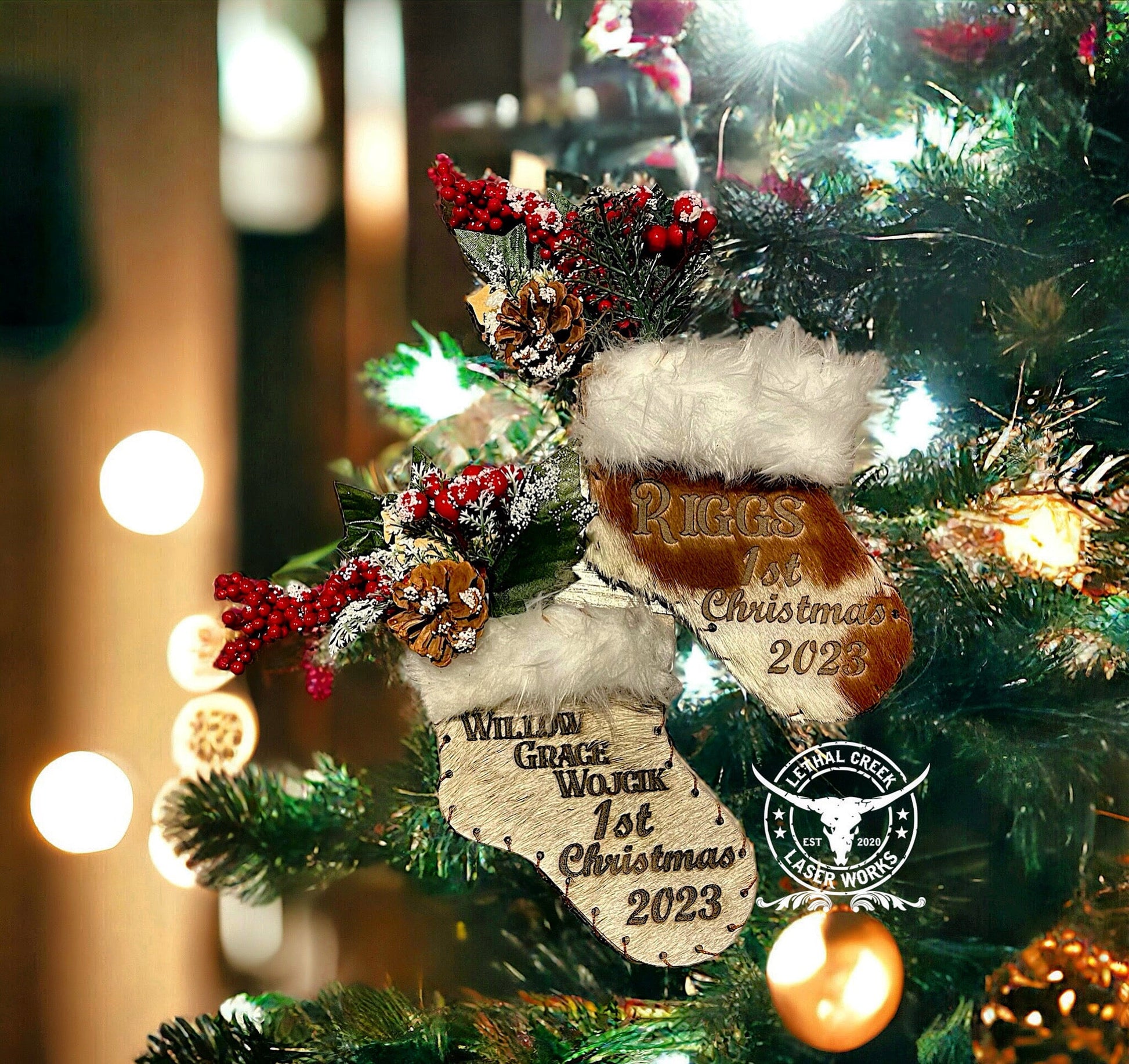 Cowhide Stocking Ornaments -  custom laser engraved cowhide and leather western decor by Lethal Creek Laser Works LLC