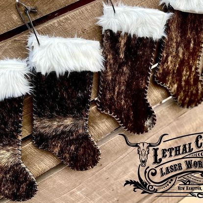 Cowhide Stockings -  custom laser engraved cowhide and leather western decor by Lethal Creek Laser Works LLC