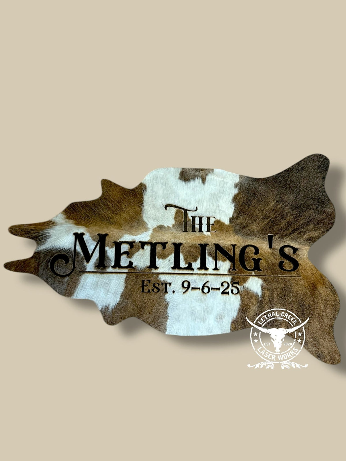 Custom 3ft Cowhide -  custom laser engraved cowhide and leather western decor by Lethal Creek Laser Works LLC