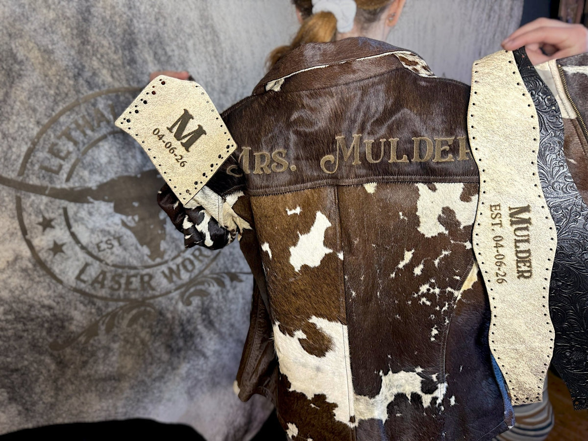 Custom Branded Cowhide Bridal Jacket | Western Wedding Jacket -  custom laser engraved cowhide and leather western decor by Lethal Creek Laser Works LLC
