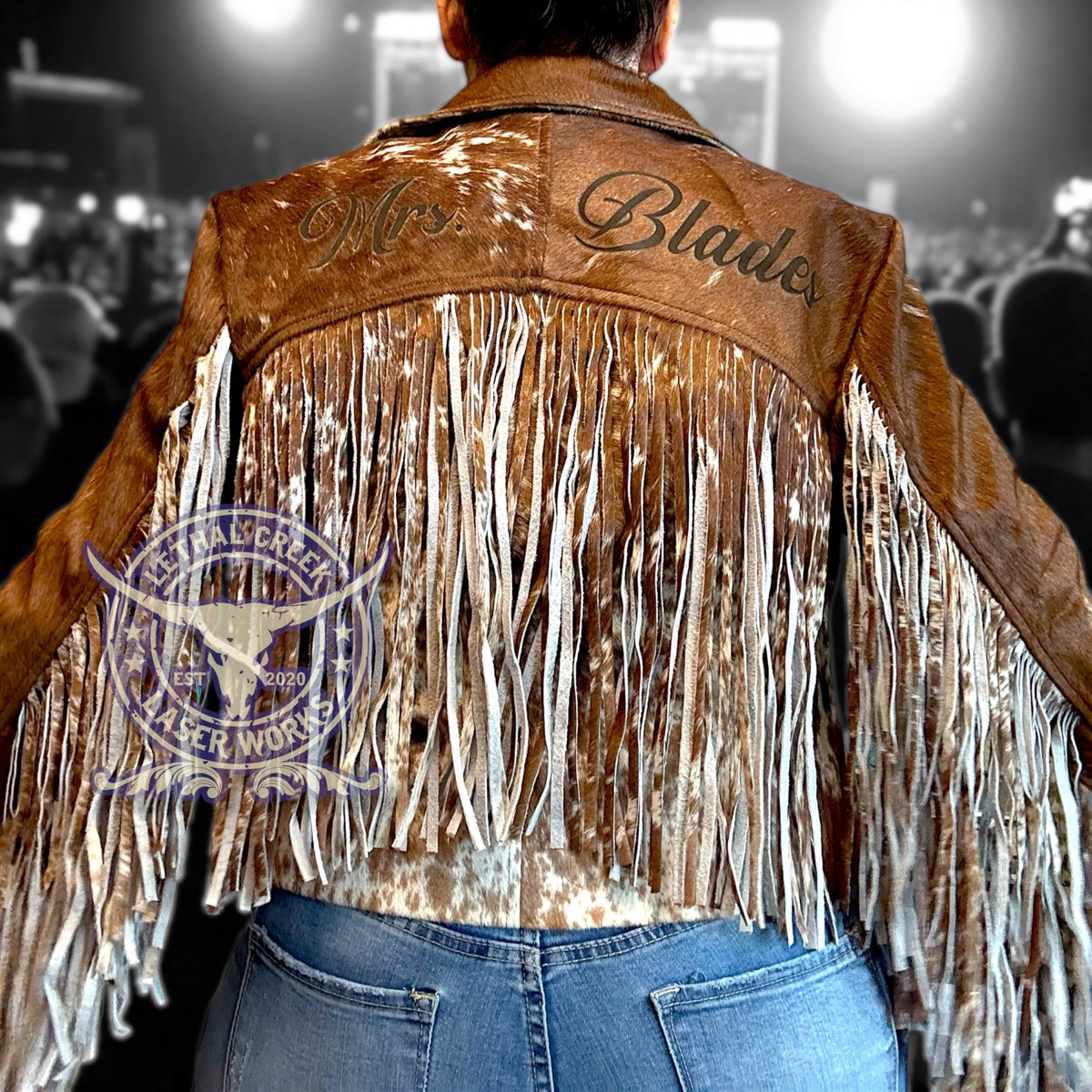 Custom Branded Cowhide Bridal Jacket | Western Wedding Jacket -  custom laser engraved cowhide and leather western decor by Lethal Creek Laser Works LLC