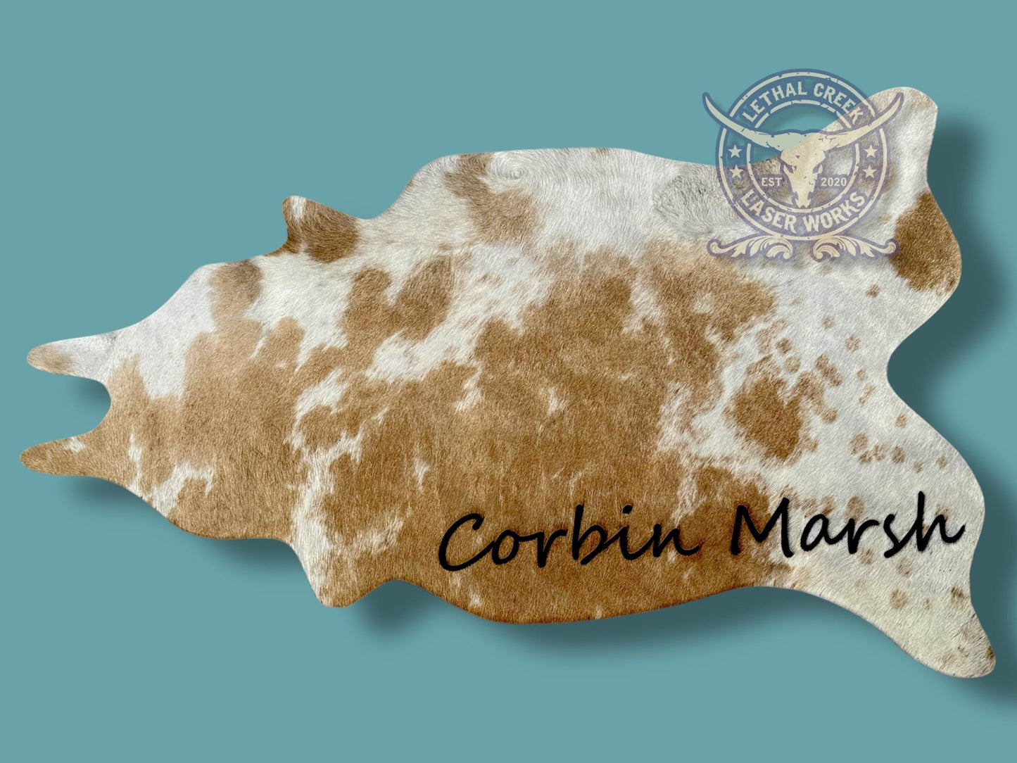 Custom Branded Cowhide Cutout | Personalized Western Wall Decor -  custom laser engraved cowhide and leather western decor by Lethal Creek Laser Works LLC