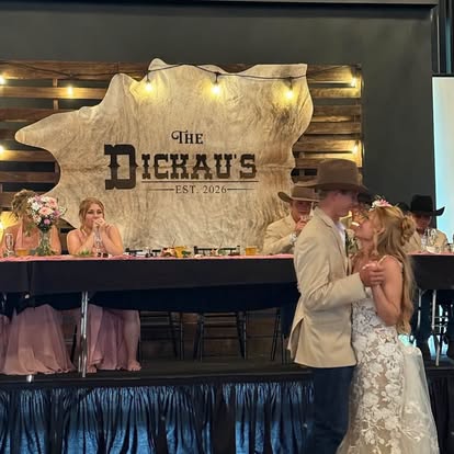 Custom Cowhide Backdrop | Western & Rustic Wedding Decor -  custom laser engraved cowhide and leather western decor by Lethal Creek Laser Works LLC