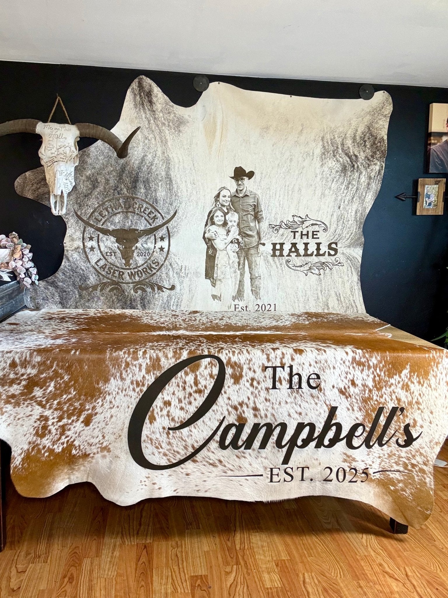 Custom Cowhide Backdrop | Western & Rustic Wedding Decor -  custom laser engraved cowhide and leather western decor by Lethal Creek Laser Works LLC