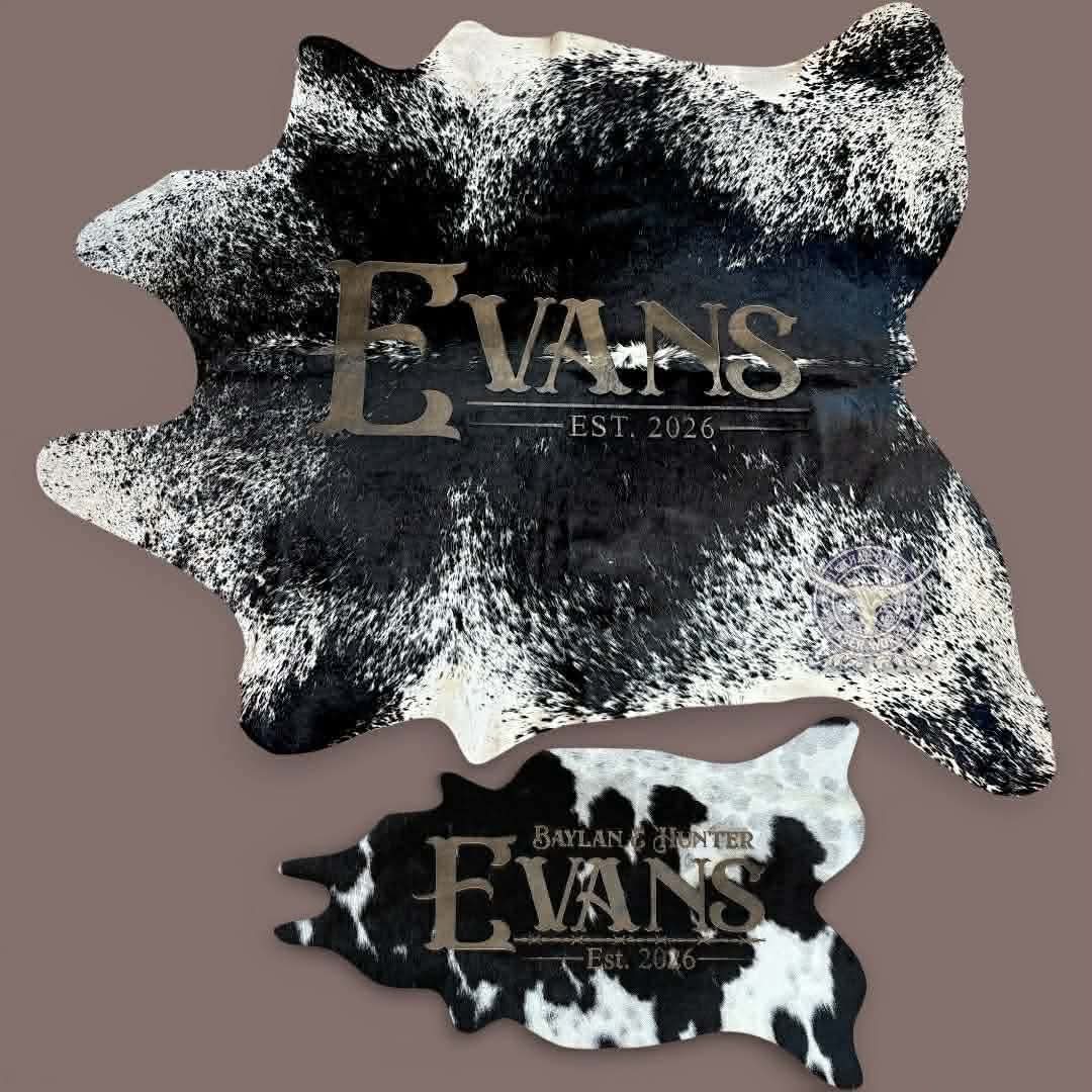 Custom Cowhide Backdrop | Western & Rustic Wedding Decor -  custom laser engraved cowhide and leather western decor by Lethal Creek Laser Works LLC