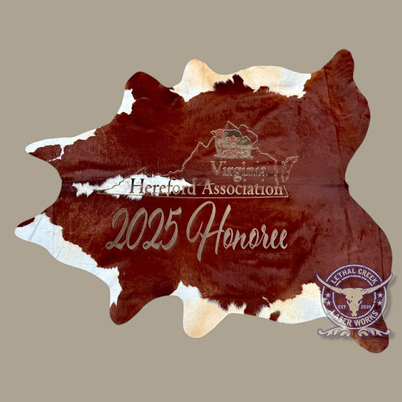 Custom Cowhide Backdrop | Western & Rustic Wedding Decor -  custom laser engraved cowhide and leather western decor by Lethal Creek Laser Works LLC