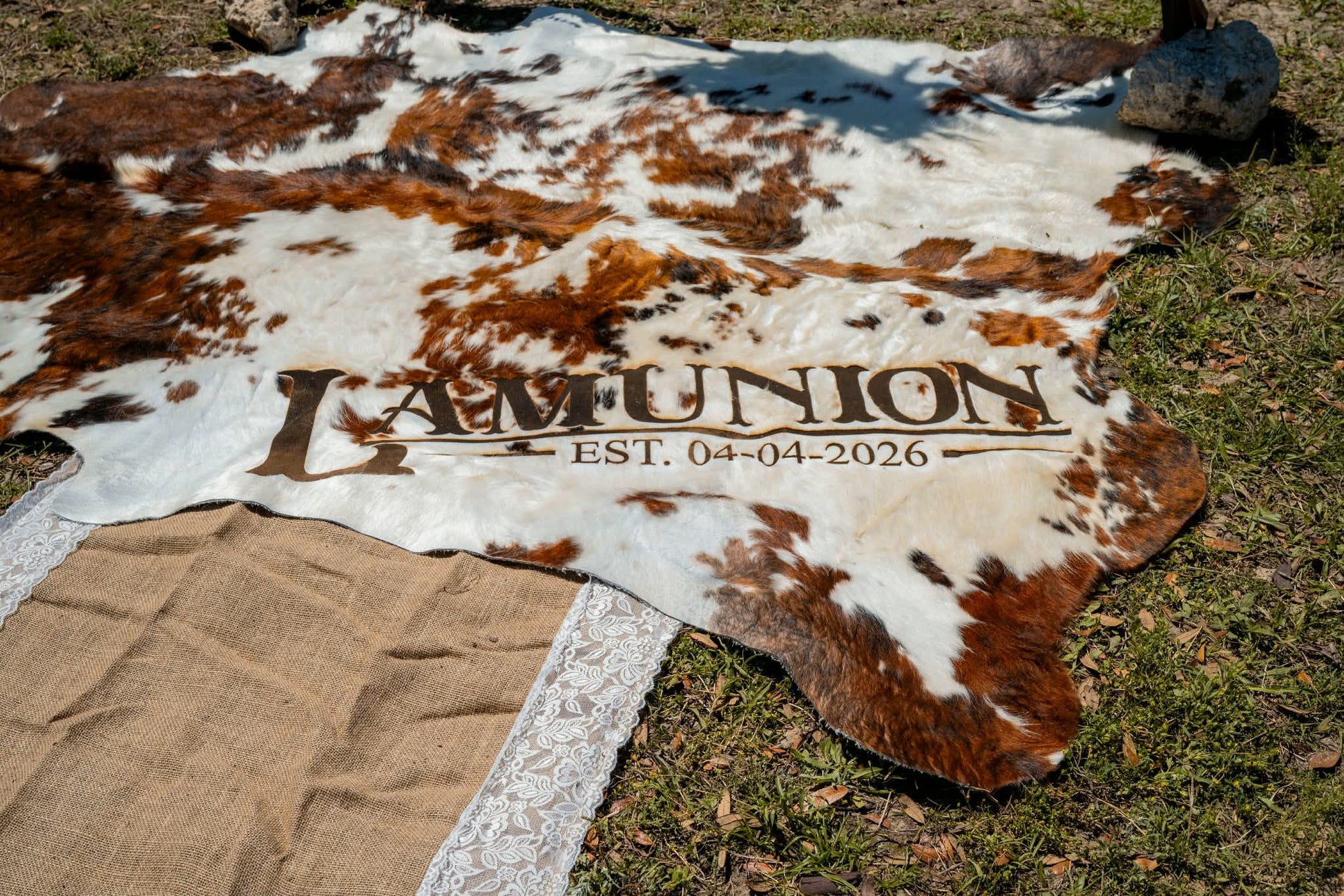 Custom Cowhide Backdrop | Western & Rustic Wedding Decor -  custom laser engraved cowhide and leather western decor by Lethal Creek Laser Works LLC