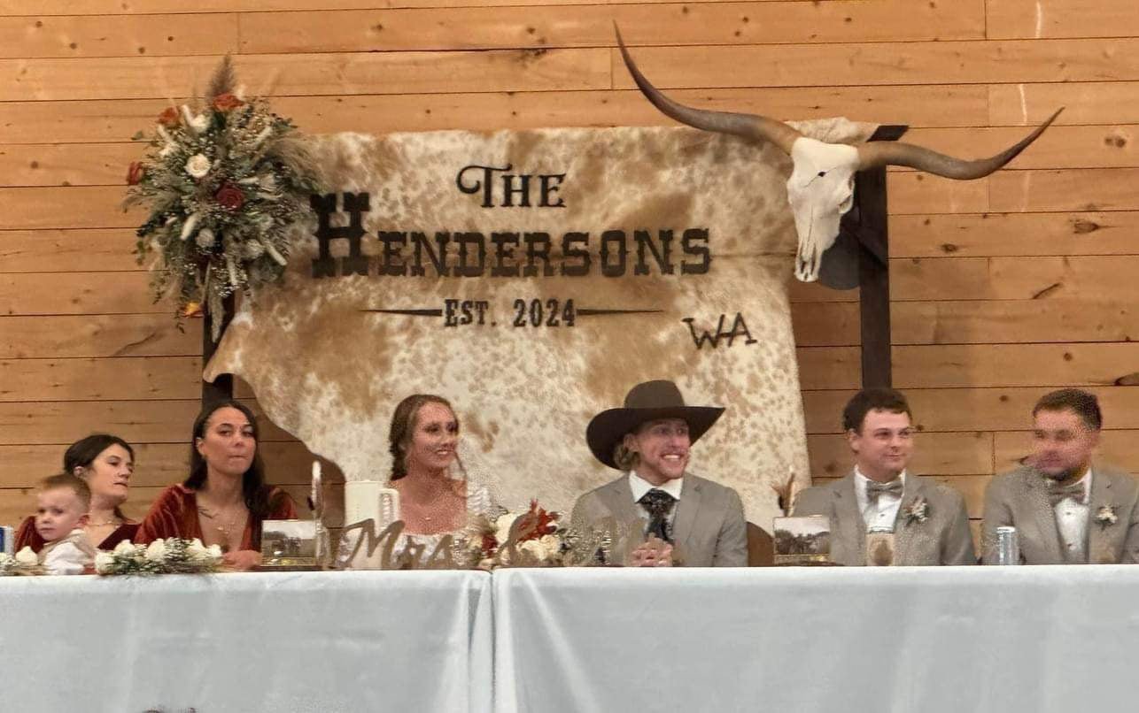 Custom Cowhide Backdrop | Western & Rustic Wedding Decor -  custom laser engraved cowhide and leather western decor by Lethal Creek Laser Works LLC