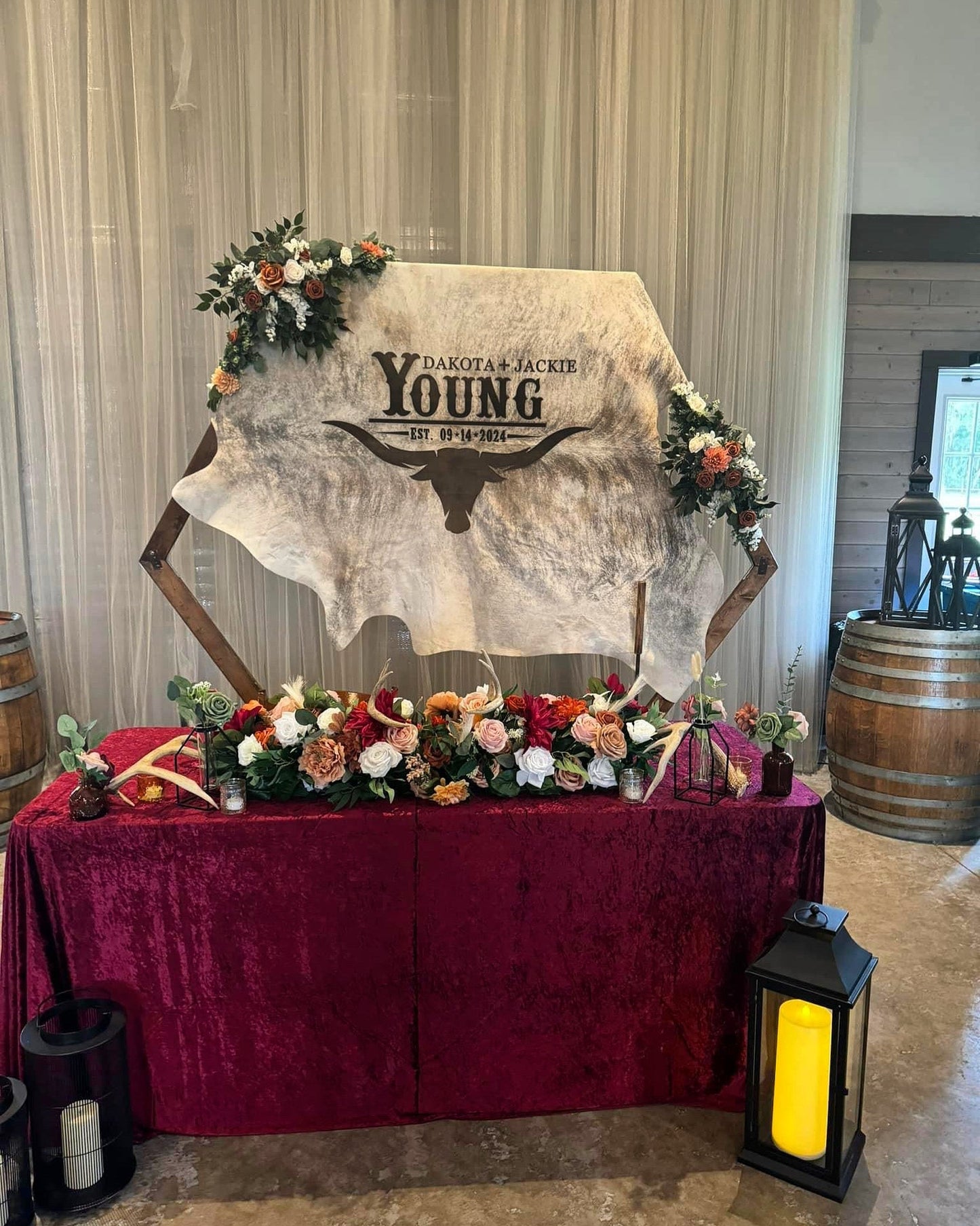 Custom Cowhide Backdrop | Western & Rustic Wedding Decor -  custom laser engraved cowhide and leather western decor by Lethal Creek Laser Works LLC