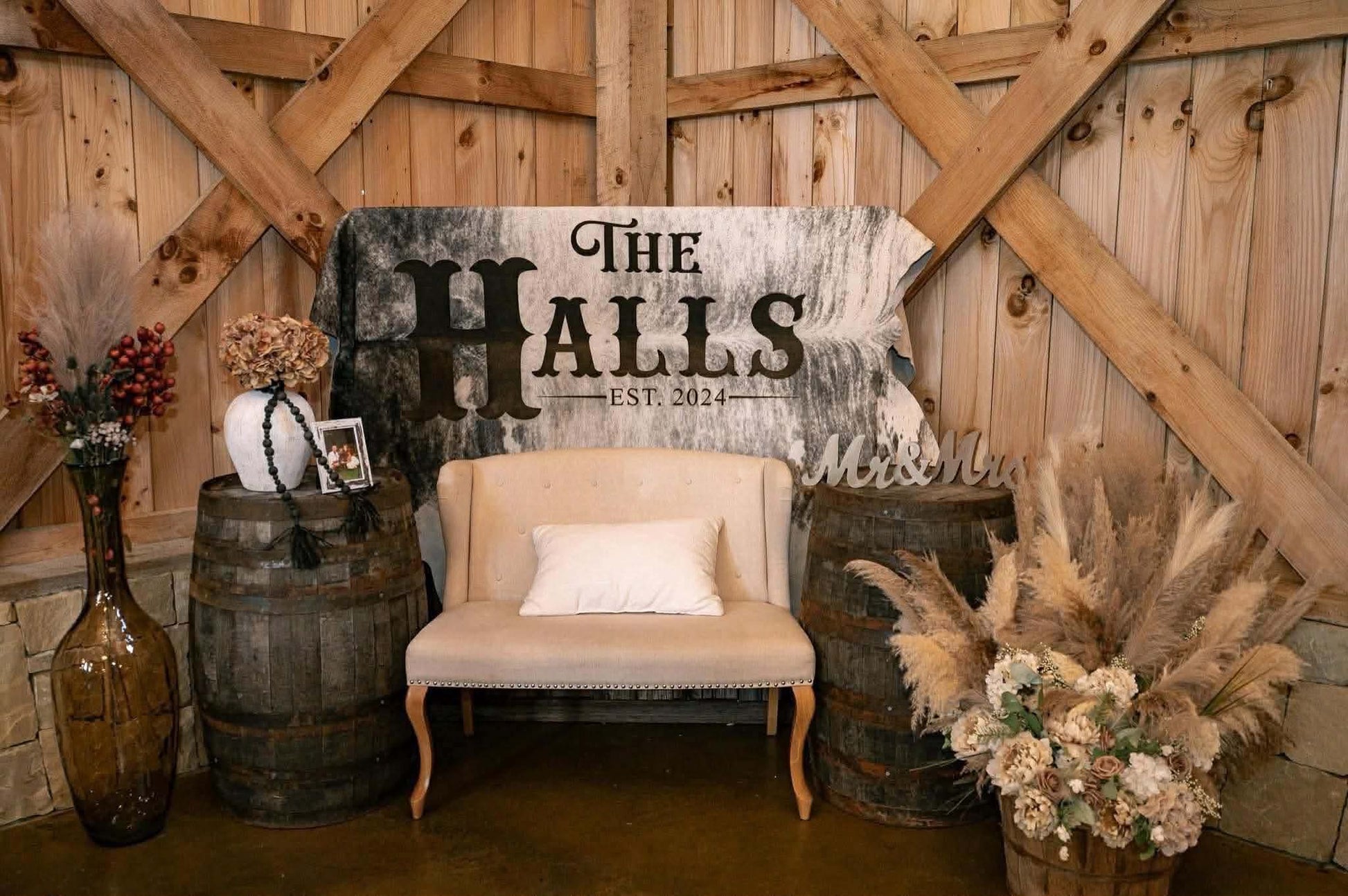 Custom Cowhide Backdrop | Western & Rustic Wedding Decor -  custom laser engraved cowhide and leather western decor by Lethal Creek Laser Works LLC