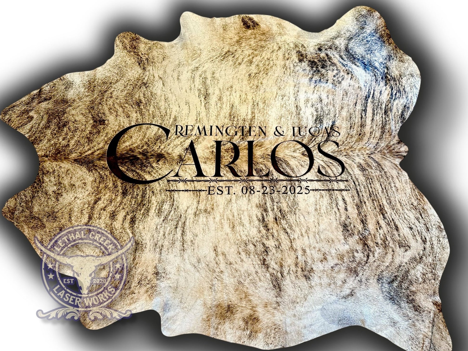 Custom Cowhide Backdrop | Western & Rustic Wedding Decor -  custom laser engraved cowhide and leather western decor by Lethal Creek Laser Works LLC