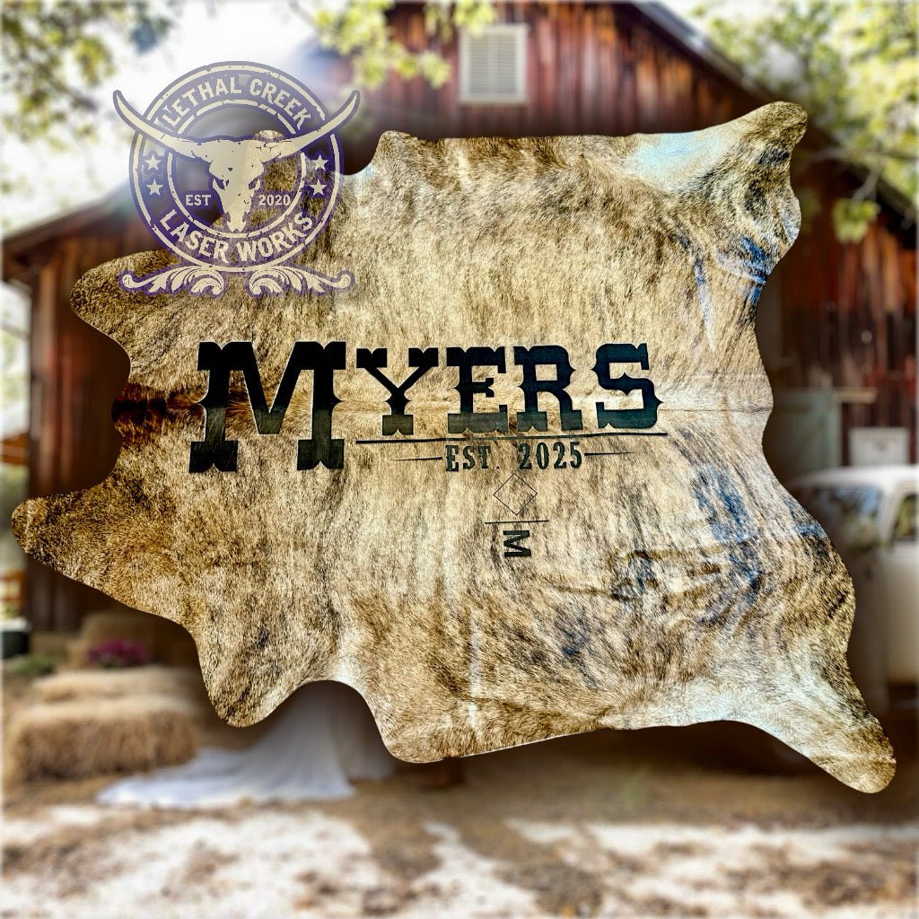Custom Cowhide Backdrop | Western & Rustic Wedding Decor -  custom laser engraved cowhide and leather western decor by Lethal Creek Laser Works LLC