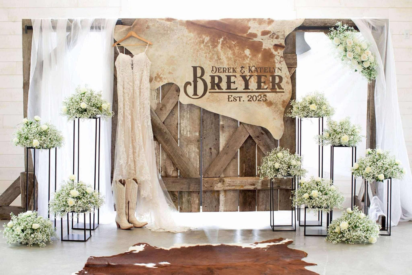 Custom Cowhide Backdrop | Western & Rustic Wedding Decor -  custom laser engraved cowhide and leather western decor by Lethal Creek Laser Works LLC