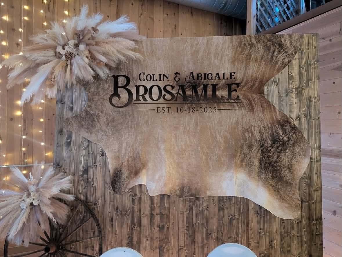 Custom Cowhide Backdrop | Western & Rustic Wedding Decor -  custom laser engraved cowhide and leather western decor by Lethal Creek Laser Works LLC