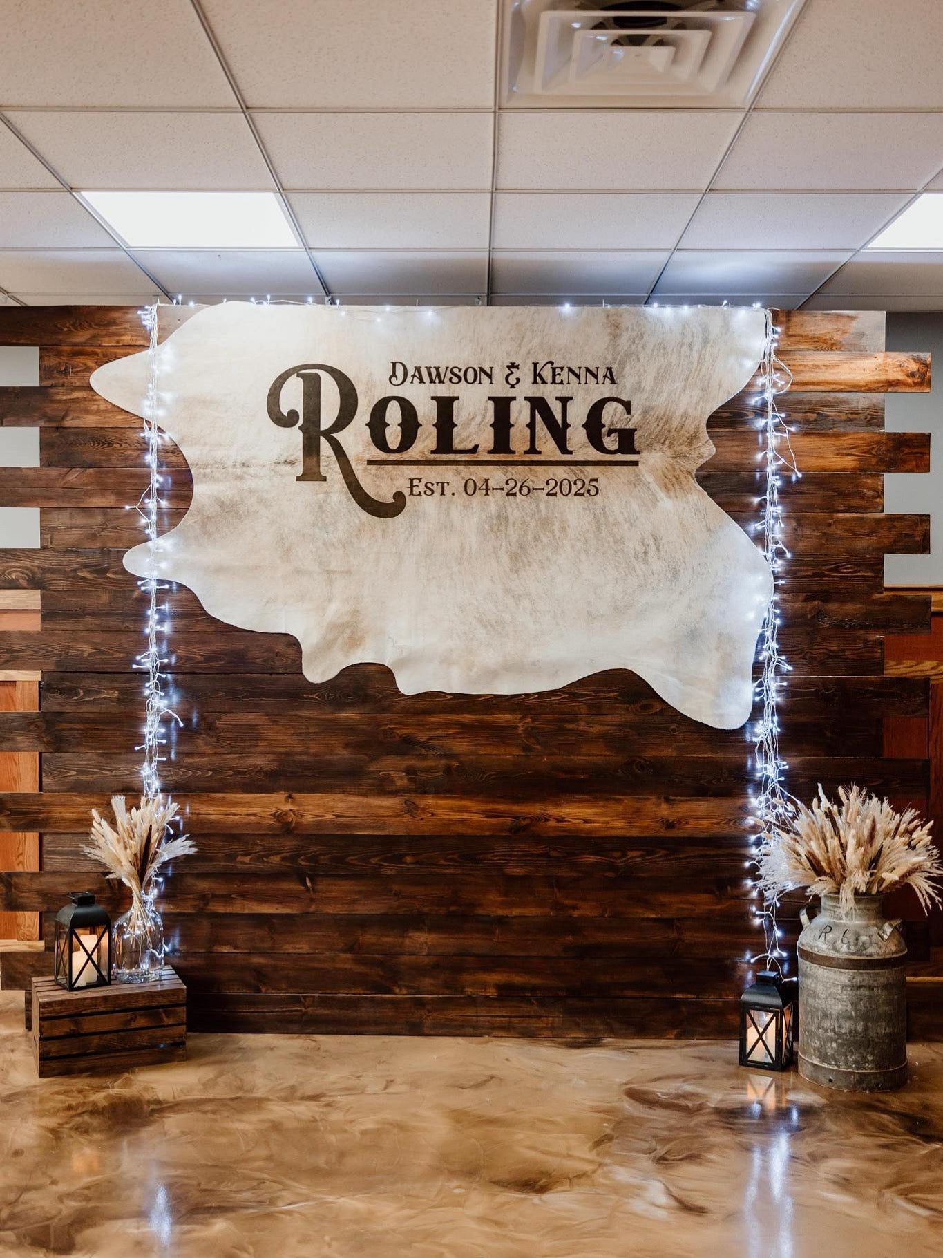 Custom Cowhide Backdrop | Western & Rustic Wedding Decor -  custom laser engraved cowhide and leather western decor by Lethal Creek Laser Works LLC