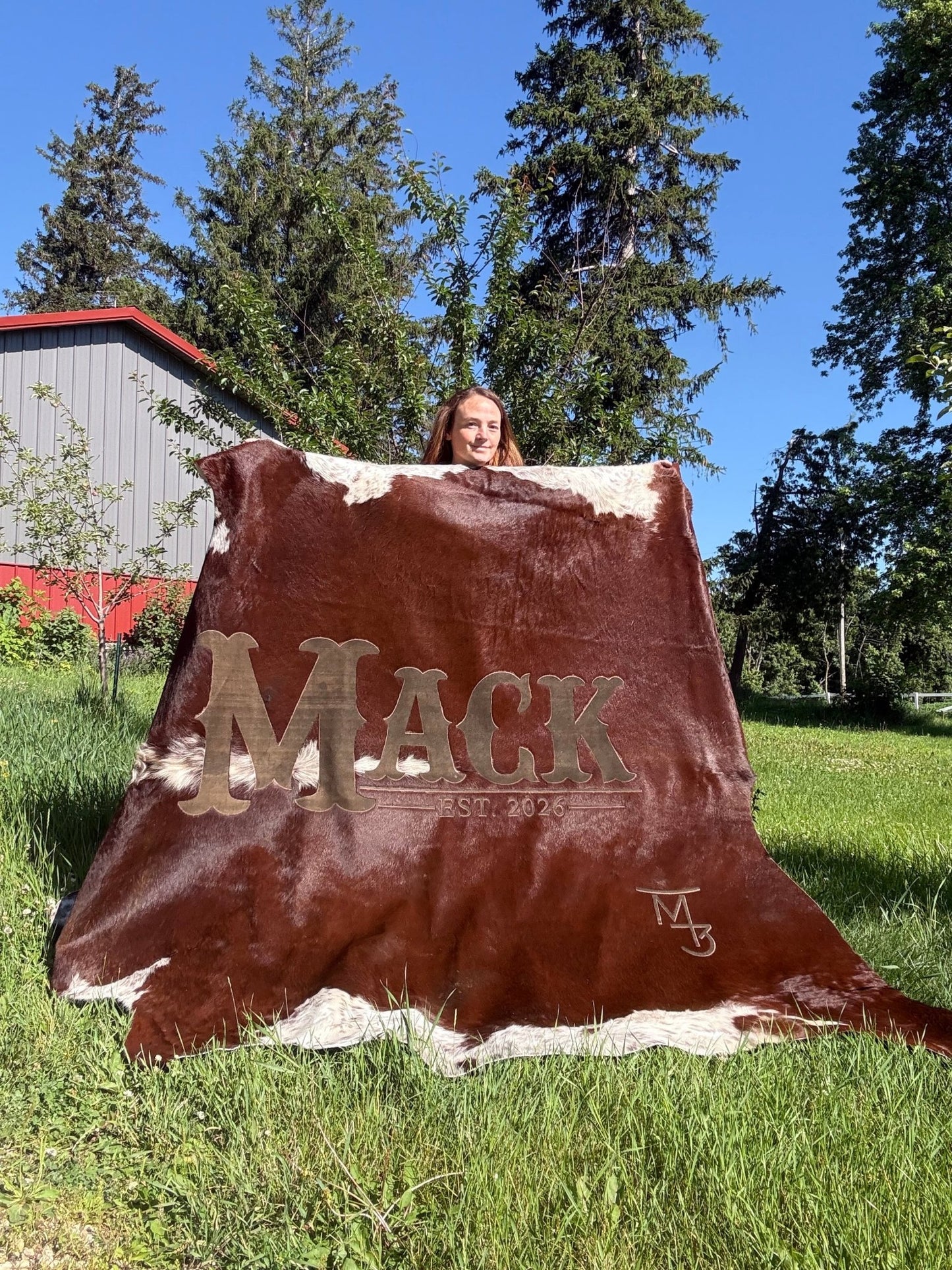 Custom Cowhide Backdrop | Western & Rustic Wedding Decor -  custom laser engraved cowhide and leather western decor by Lethal Creek Laser Works LLC