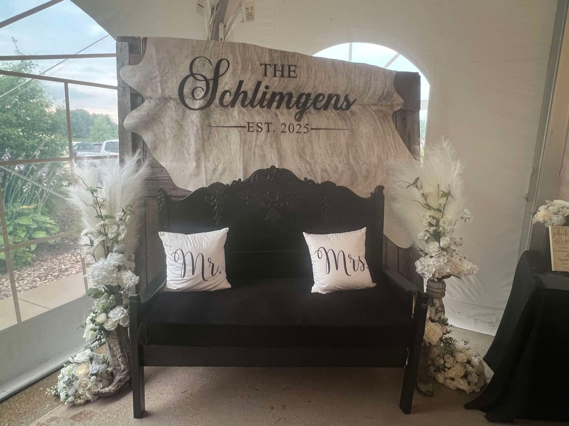 Custom Cowhide Backdrop | Western & Rustic Wedding Decor -  custom laser engraved cowhide and leather western decor by Lethal Creek Laser Works LLC