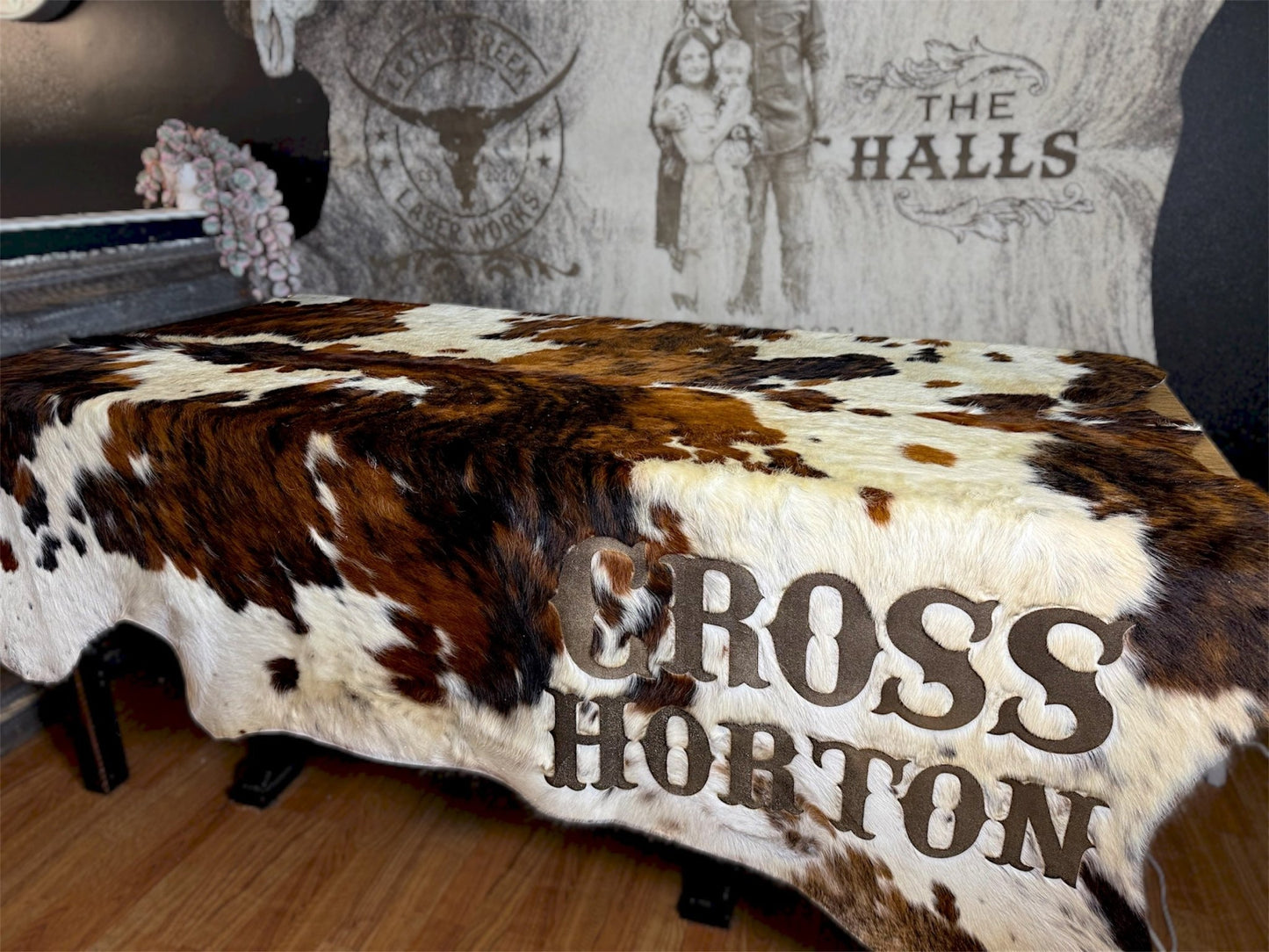 Custom Cowhide Backdrop | Western & Rustic Wedding Decor -  custom laser engraved cowhide and leather western decor by Lethal Creek Laser Works LLC