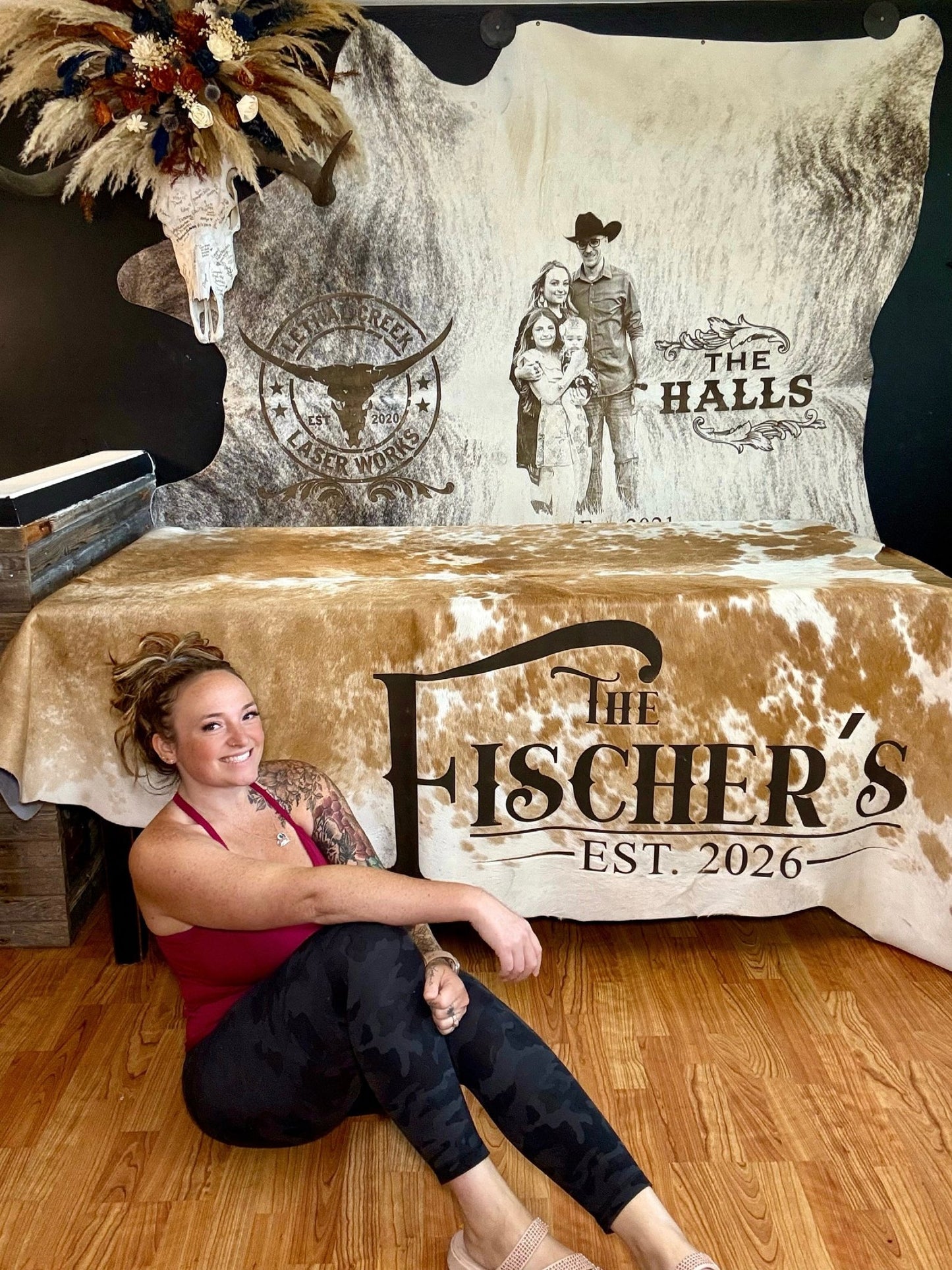 Custom Cowhide Backdrop | Western & Rustic Wedding Decor -  custom laser engraved cowhide and leather western decor by Lethal Creek Laser Works LLC