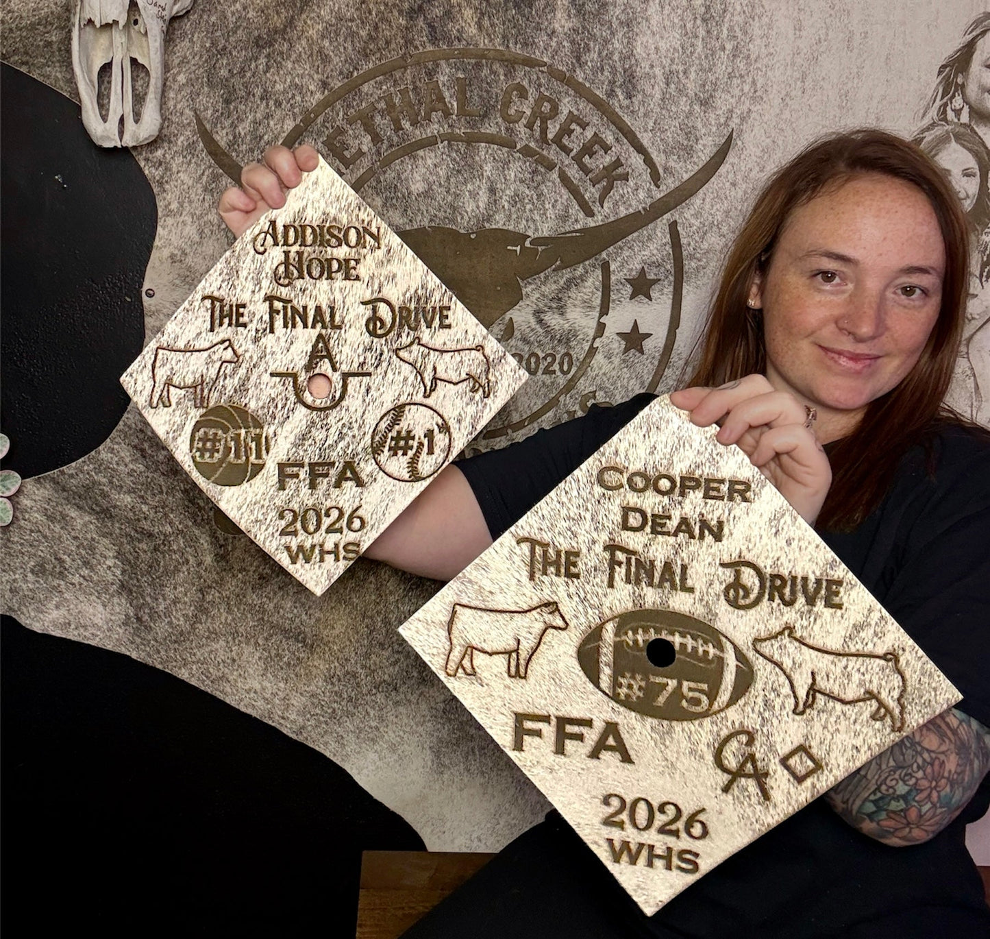 Custom Cowhide Graduation Cap Cover | Personalized Senior Cap -  custom laser engraved cowhide and leather western decor by Lethal Creek Laser Works LLC