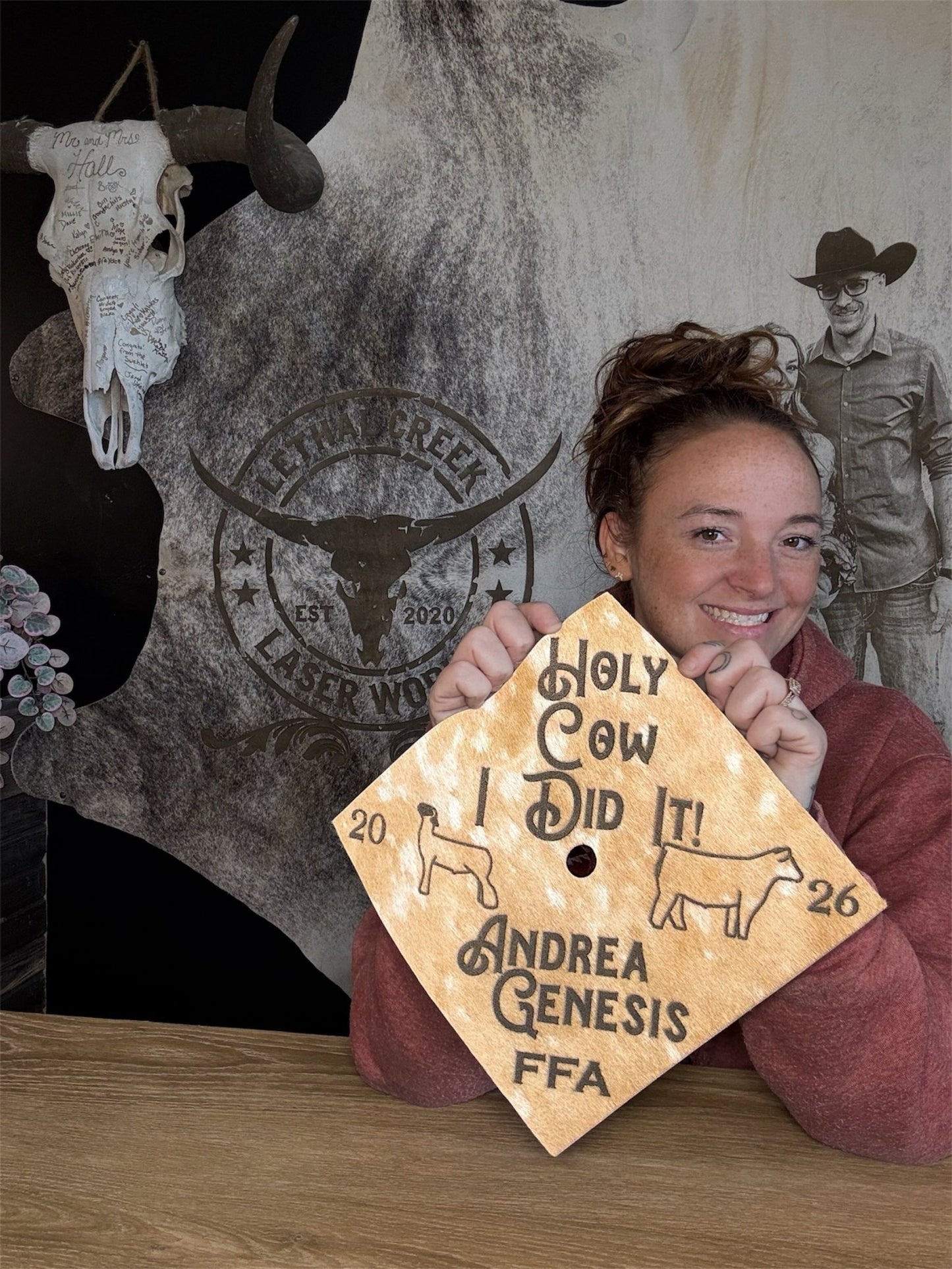 Custom Cowhide Graduation Cap Cover | Personalized Senior Cap -  custom laser engraved cowhide and leather western decor by Lethal Creek Laser Works LLC