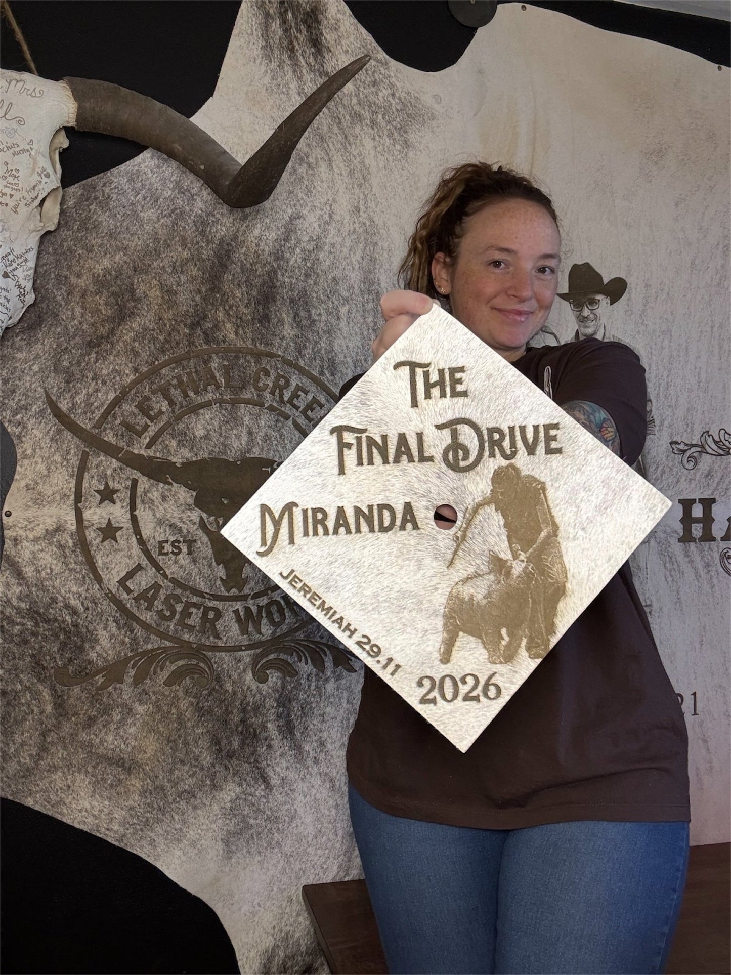 Custom Cowhide Graduation Cap Cover | Personalized Senior Cap -  custom laser engraved cowhide and leather western decor by Lethal Creek Laser Works LLC
