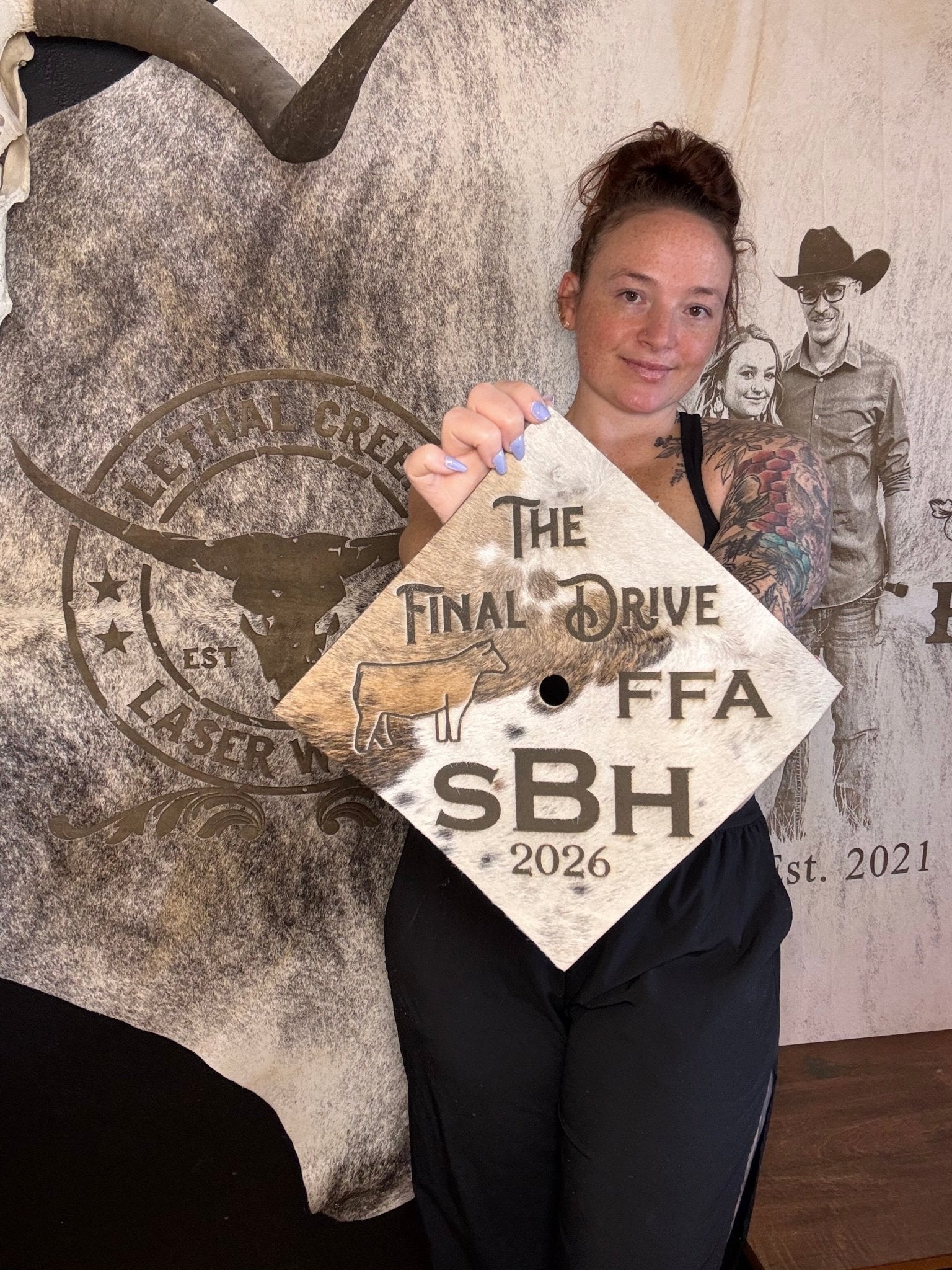 Custom Cowhide Graduation Cap Cover | Personalized Senior Cap -  custom laser engraved cowhide and leather western decor by Lethal Creek Laser Works LLC
