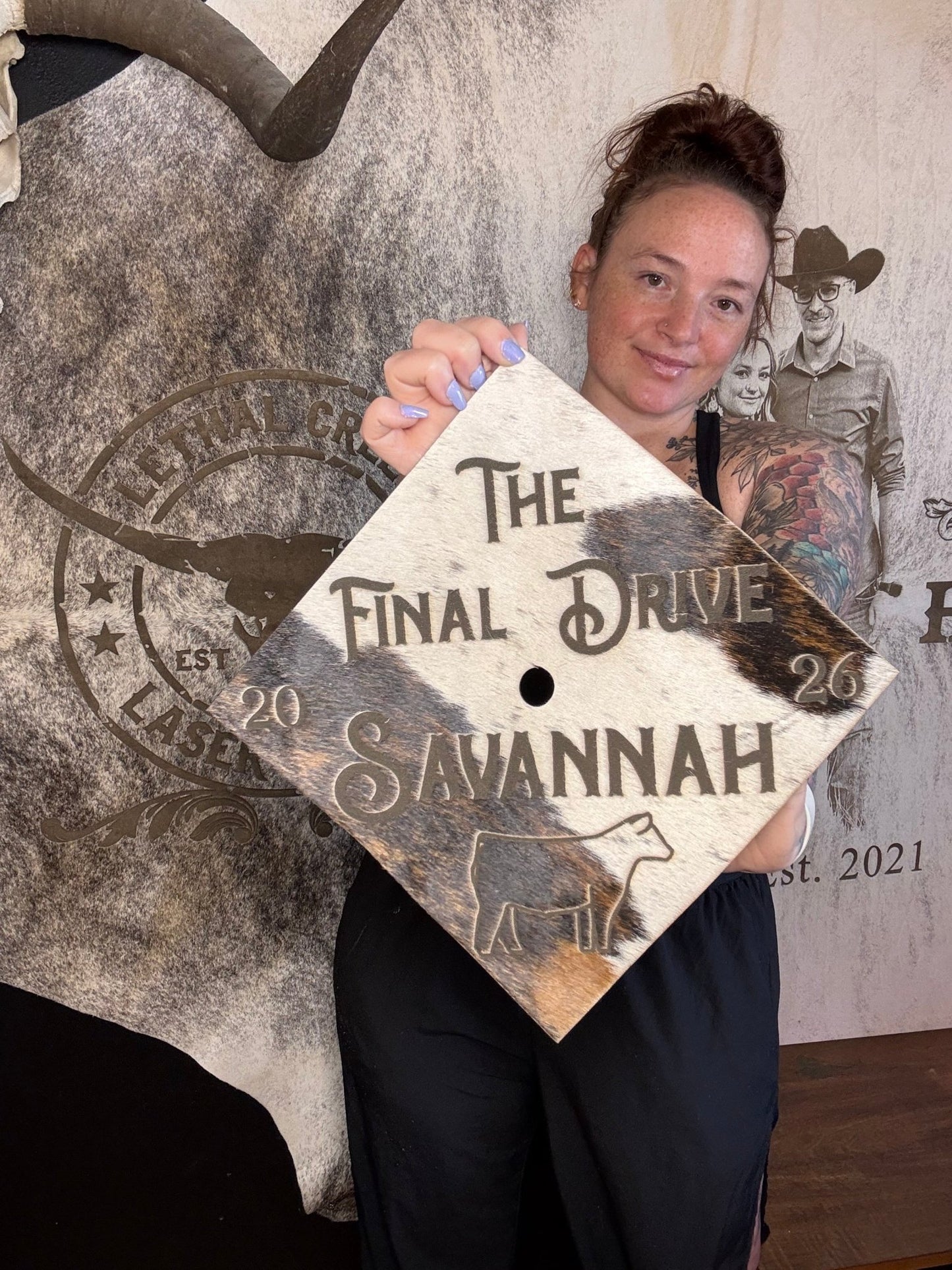 Custom Cowhide Graduation Cap Cover | Personalized Senior Cap -  custom laser engraved cowhide and leather western decor by Lethal Creek Laser Works LLC