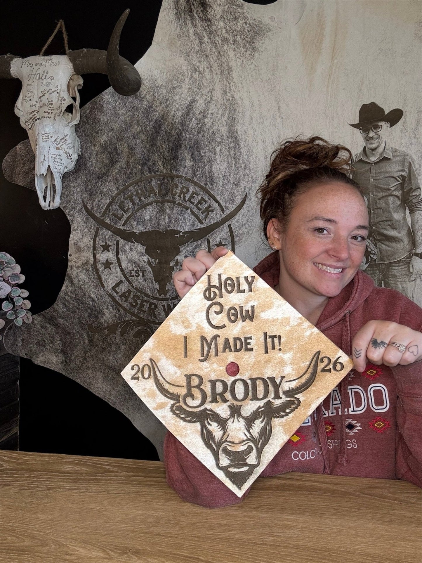 Custom Cowhide Graduation Cap Cover | Personalized Senior Cap -  custom laser engraved cowhide and leather western decor by Lethal Creek Laser Works LLC
