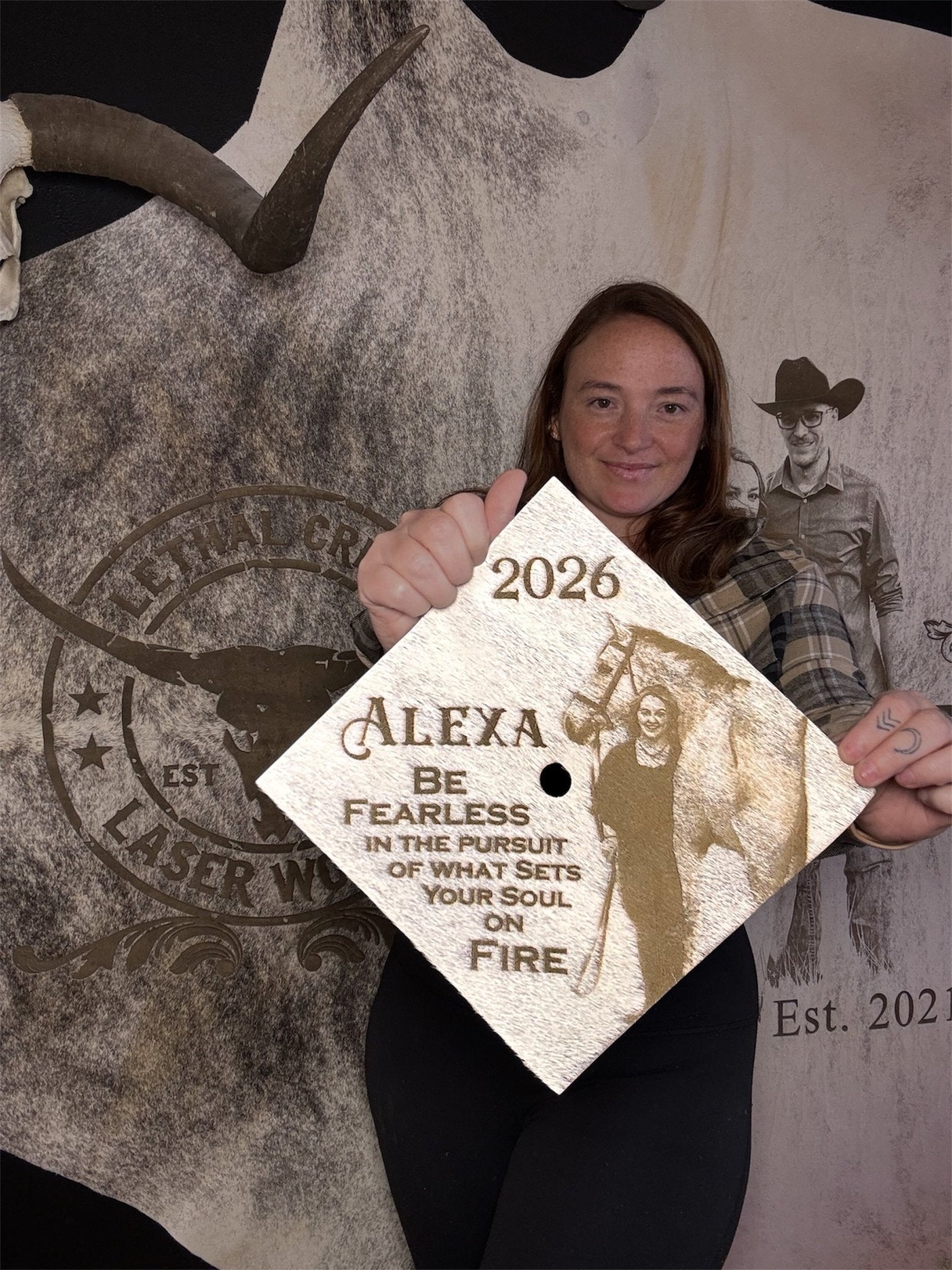 Custom Cowhide Graduation Cap Cover | Personalized Senior Cap -  custom laser engraved cowhide and leather western decor by Lethal Creek Laser Works LLC