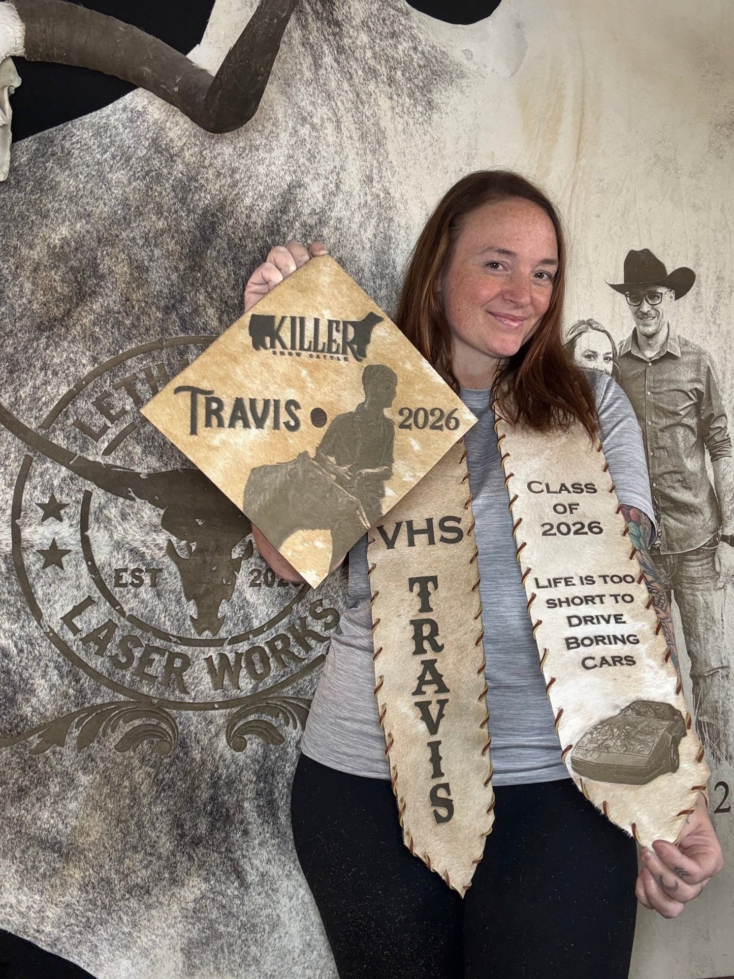 Custom Cowhide Graduation Cap Cover | Personalized Senior Cap -  custom laser engraved cowhide and leather western decor by Lethal Creek Laser Works LLC