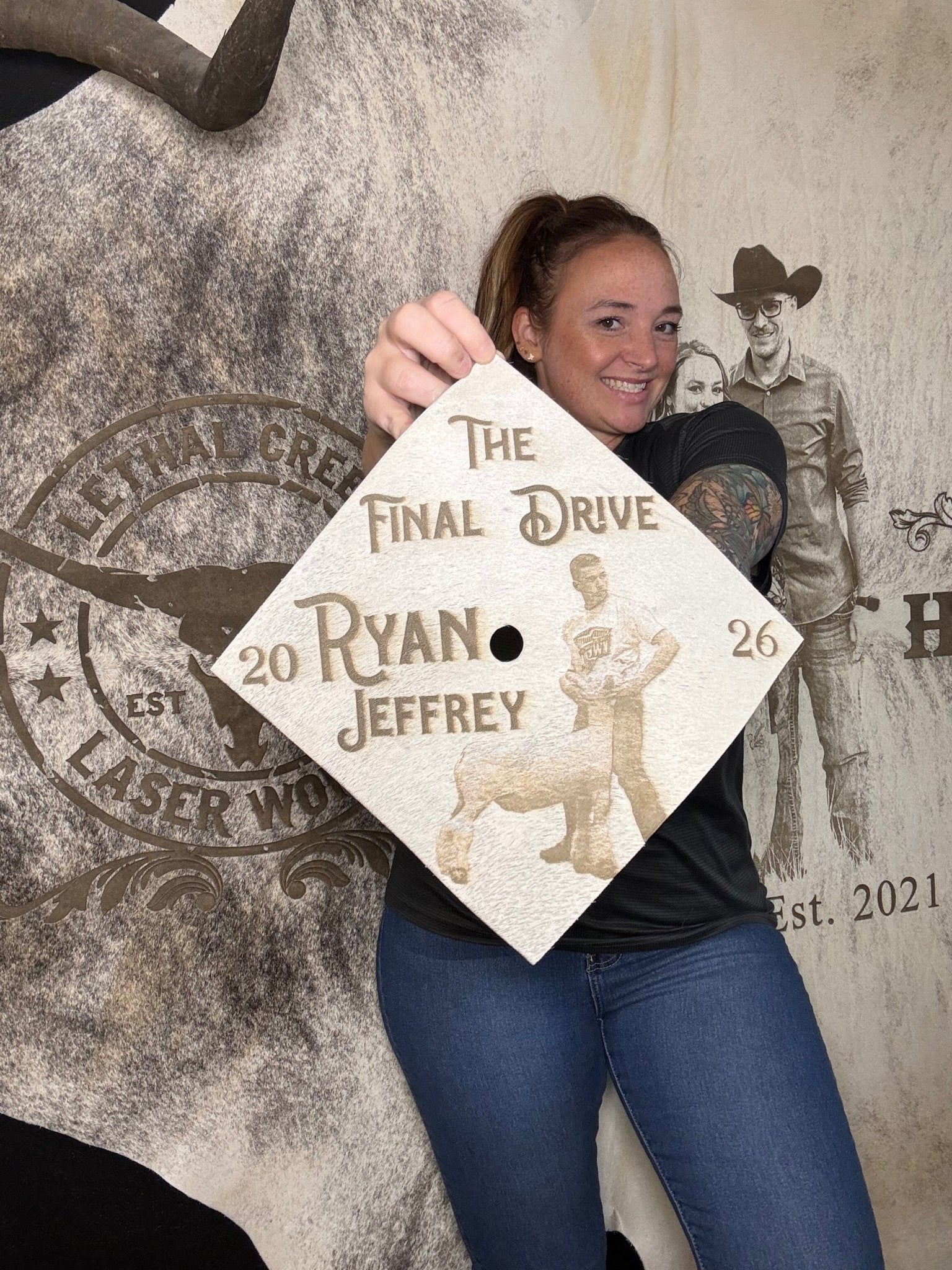 Custom Cowhide Graduation Cap Cover | Personalized Senior Cap -  custom laser engraved cowhide and leather western decor by Lethal Creek Laser Works LLC