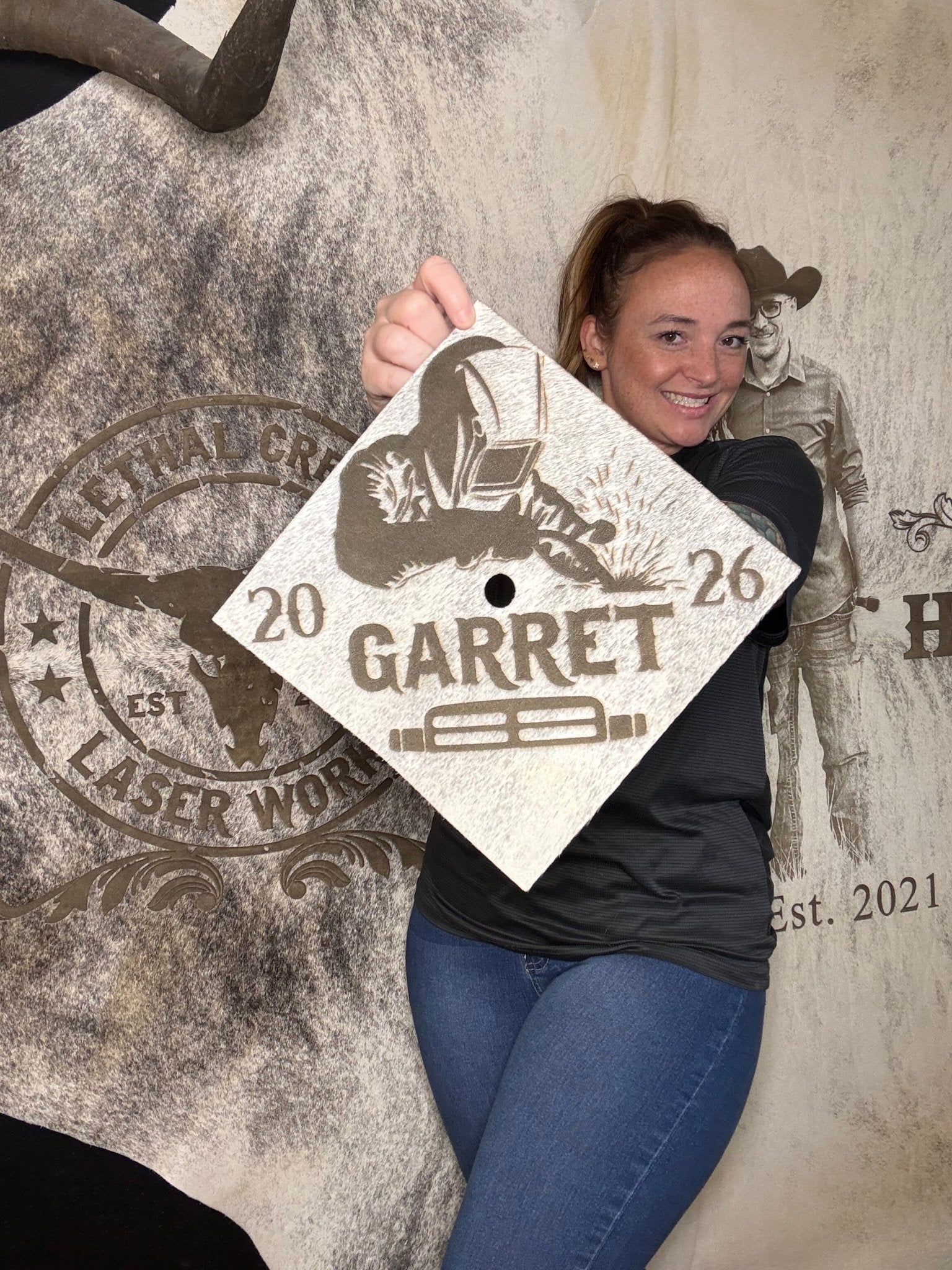 Custom Cowhide Graduation Cap Cover | Personalized Senior Cap -  custom laser engraved cowhide and leather western decor by Lethal Creek Laser Works LLC