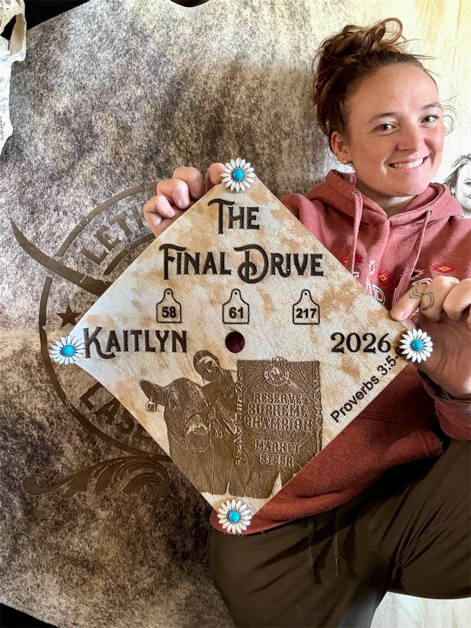 Custom Cowhide Graduation Cap Cover | Personalized Senior Cap -  custom laser engraved cowhide and leather western decor by Lethal Creek Laser Works LLC